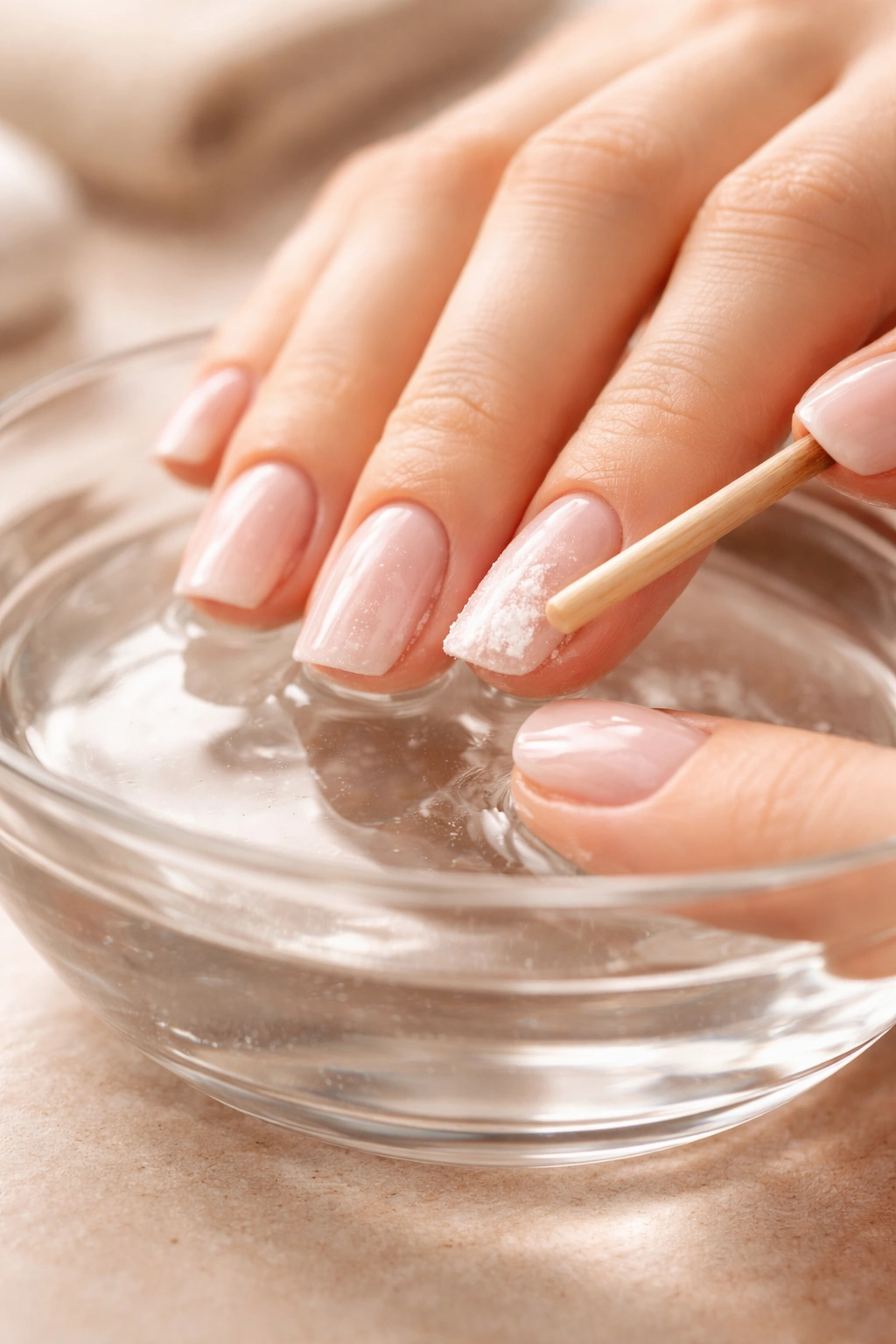Close-up of hands soaking nails in acetone and lifting dip powder with a wooden stick