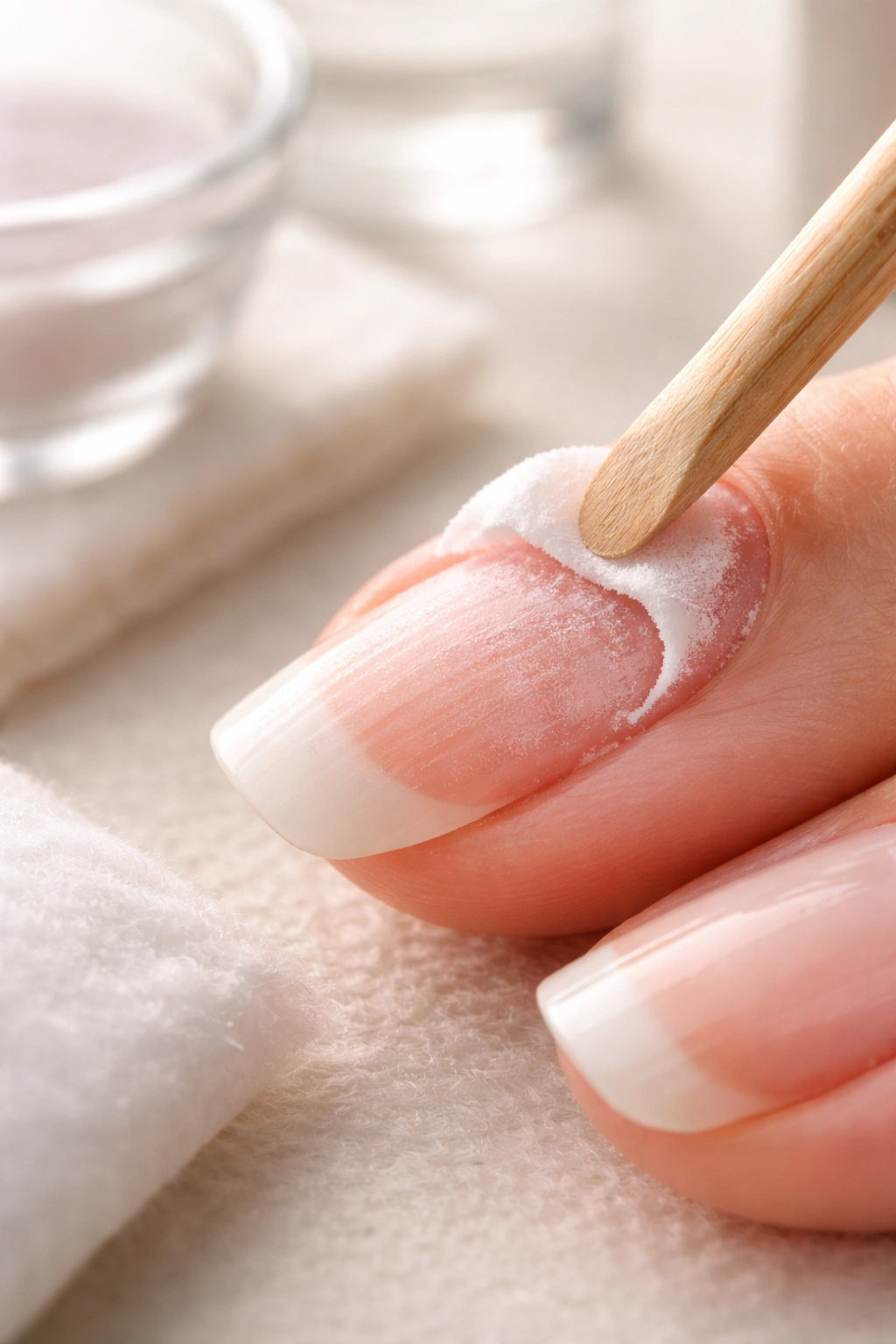 Close-up of a nail being carefully removed to protect natural nails during dip powder removal