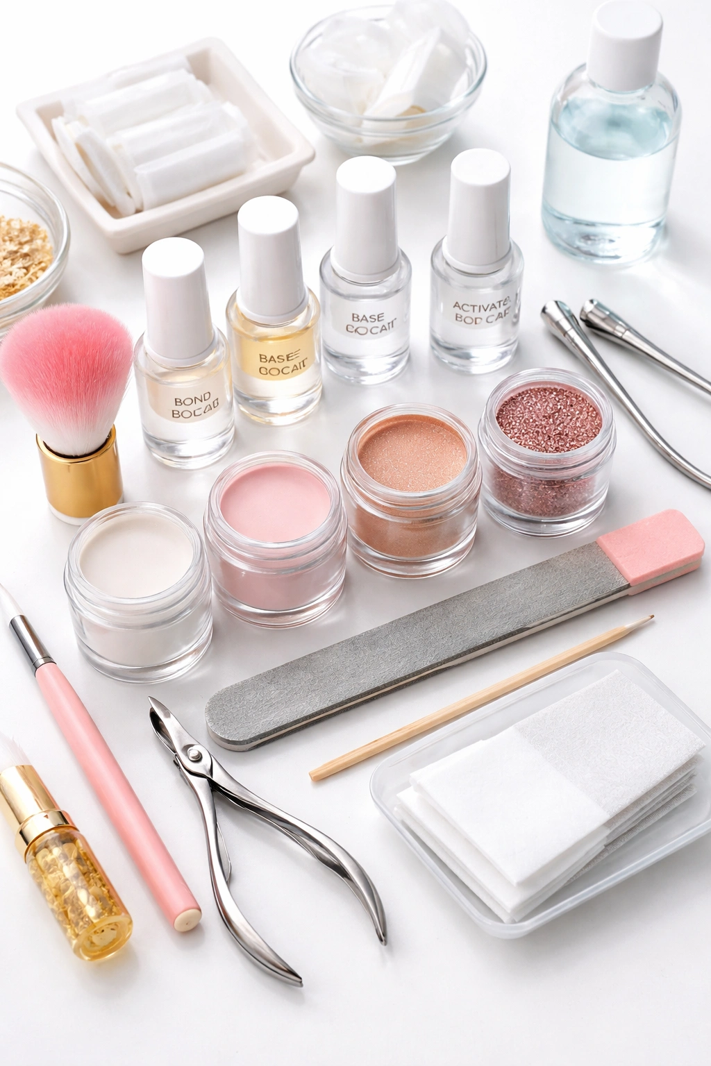 Neatly arranged dip powder supplies and tools on clean surface
