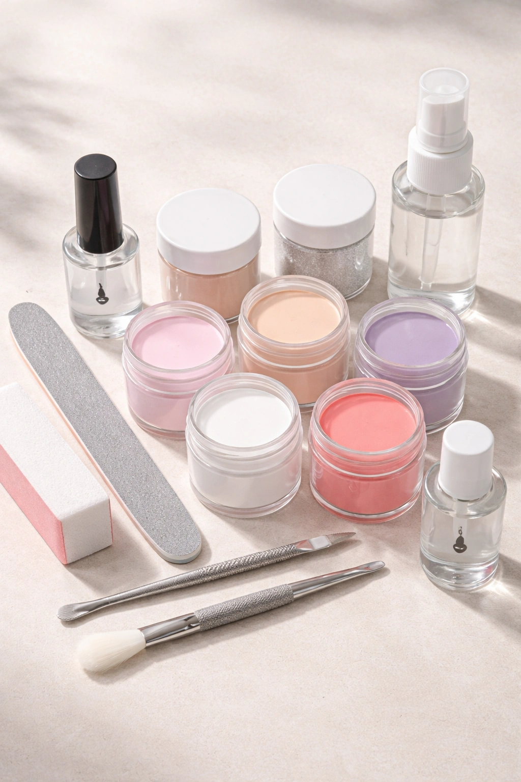 Top-down view of neatly arranged dip powder supplies and tools