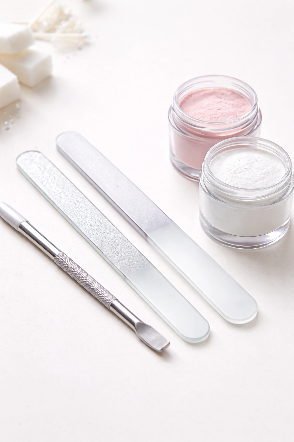 Two glass nail files and unlabeled dip powder jars on a clean surface for nail prep
