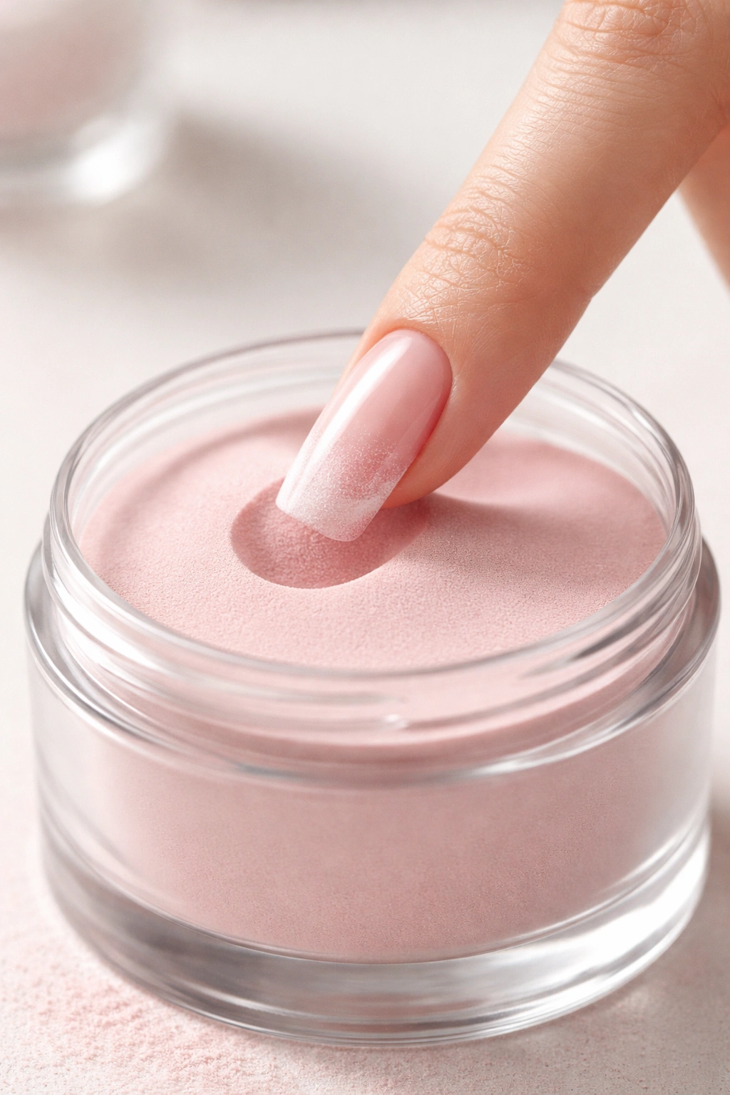 Nail dipping technique showing even color on soft square nails