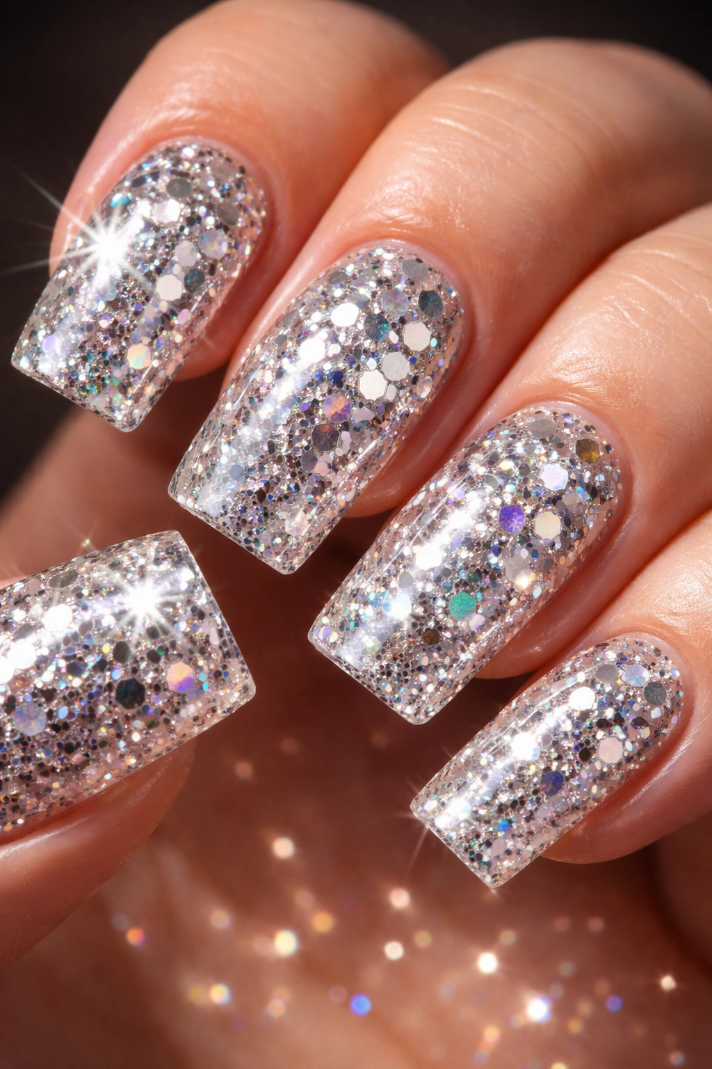 Square nails with multi-size glitter and metallic accents