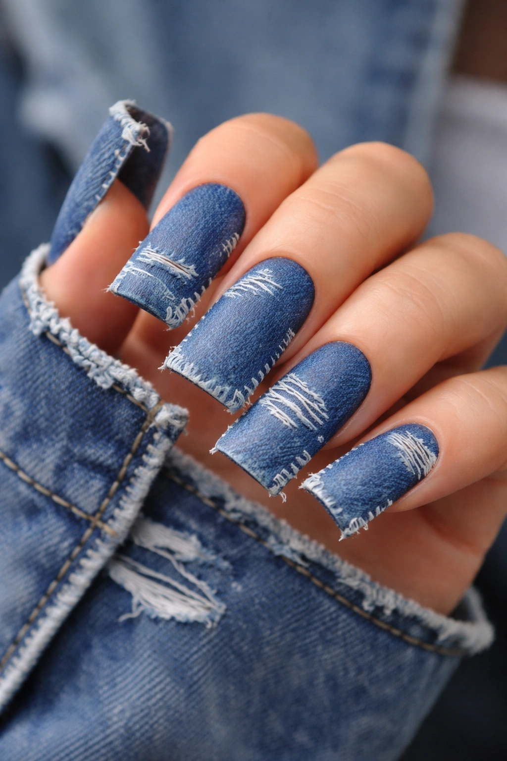 Close-up of elongated duck nails with distressed denim lines