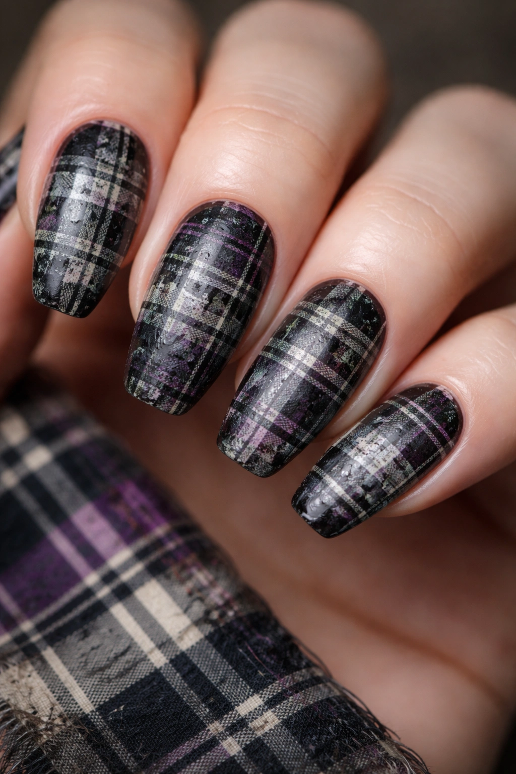 Close-up of distressed plaid nail designs in black and gray with purple-green accents.