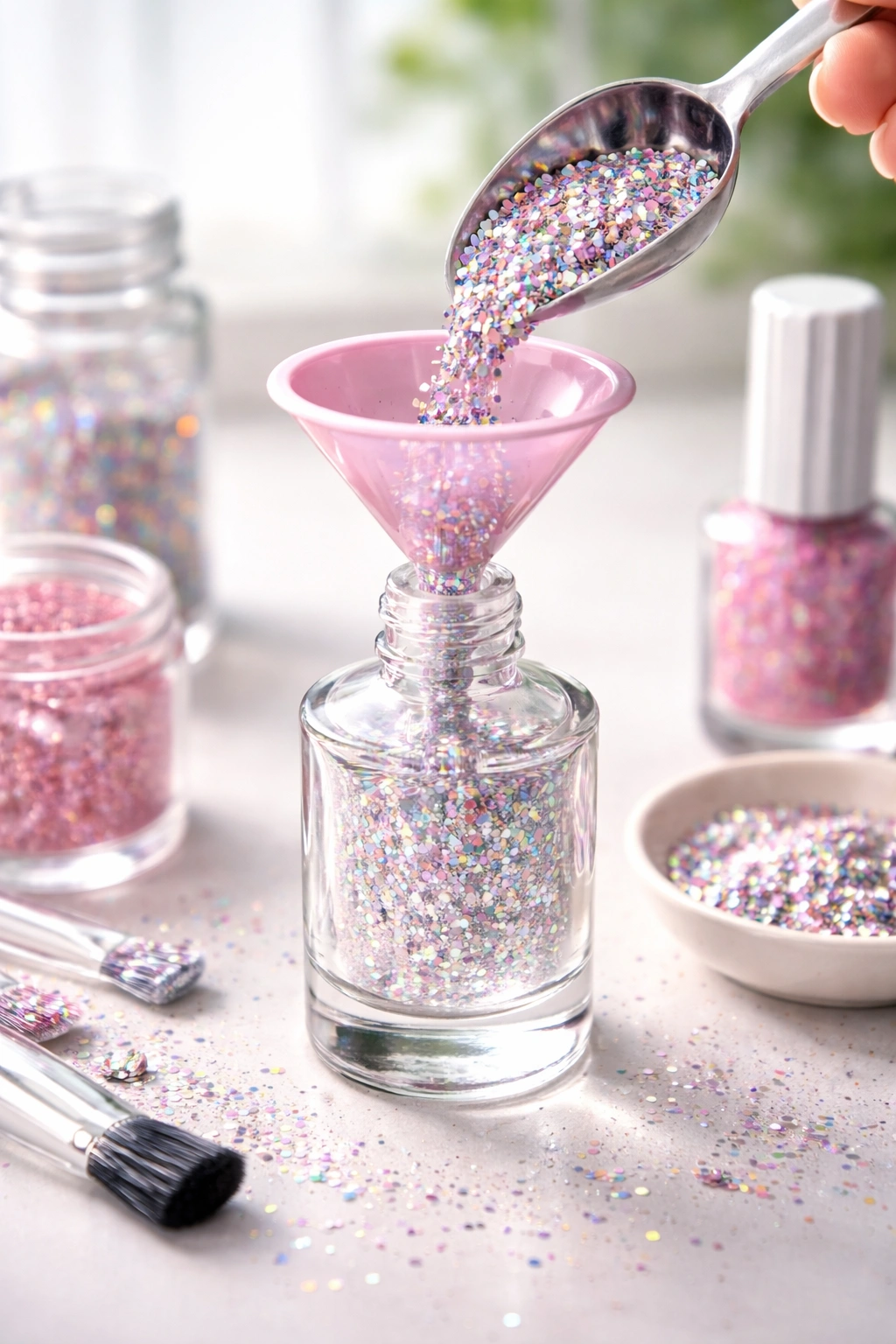 Clear nail polish bottle with glitter being added using a funnel