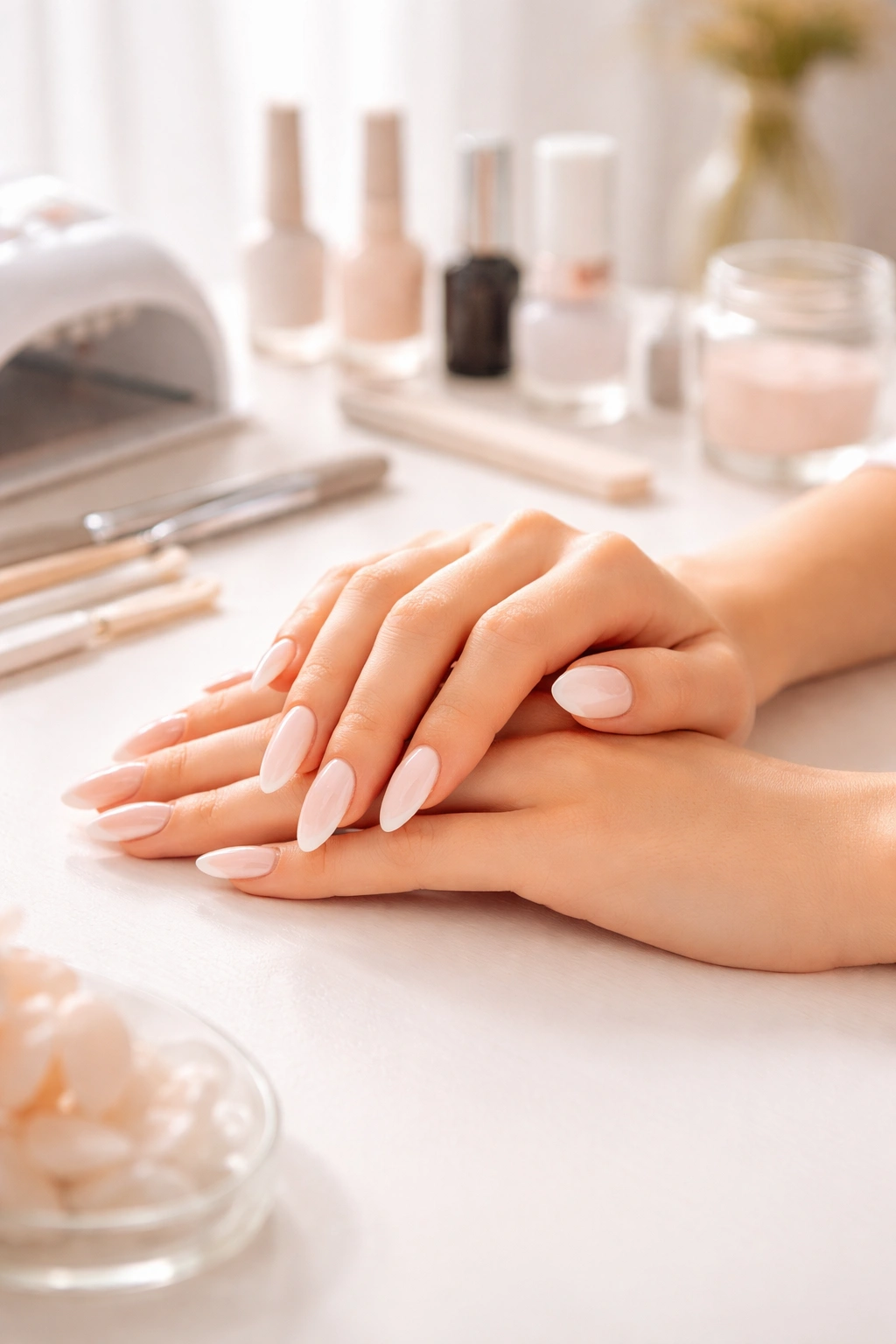Person reflecting after at-home acrylic nail practice with fresh nails