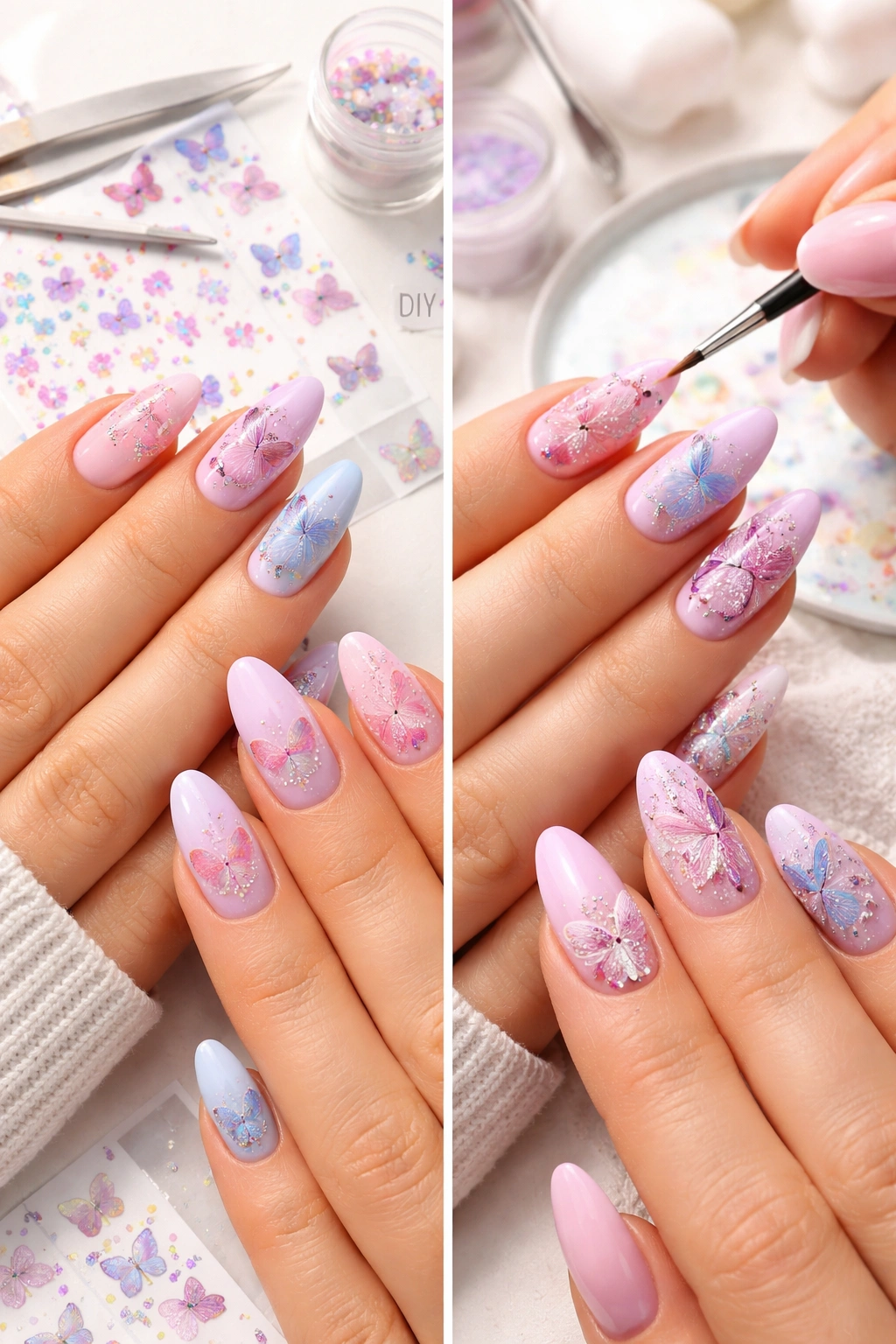 Split-screen of DIY butterfly nail art vs professional salon butterfly nails