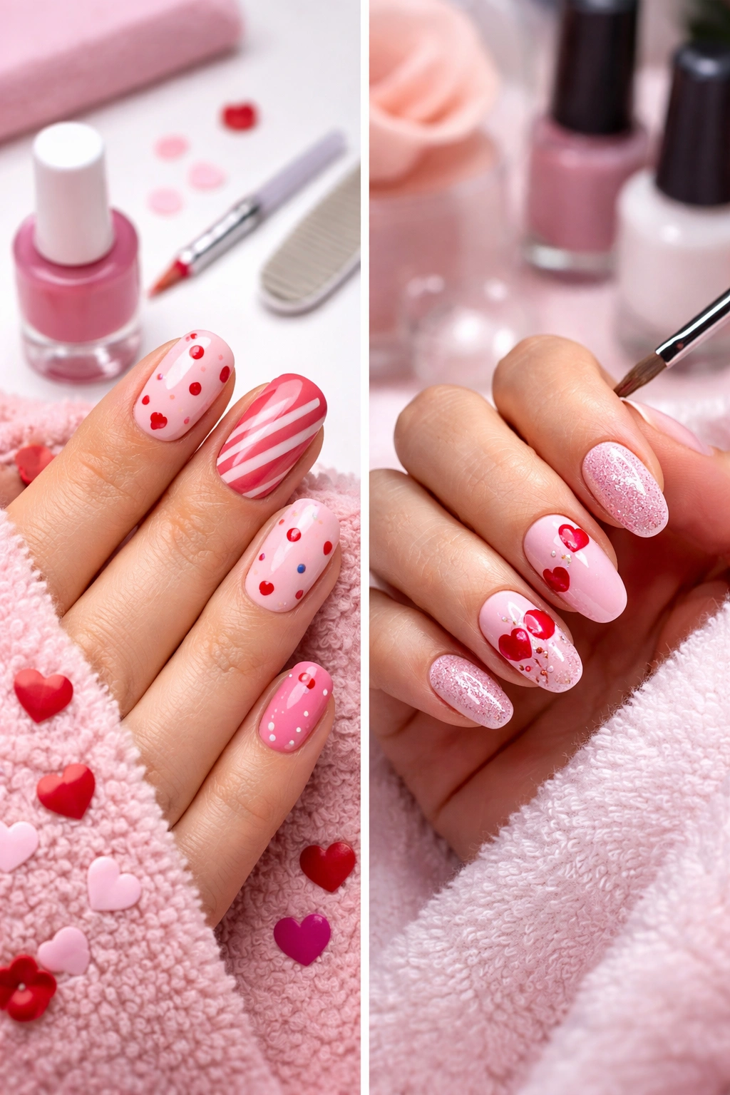 Two hands showing DIY nails and salon manicure for comparison
