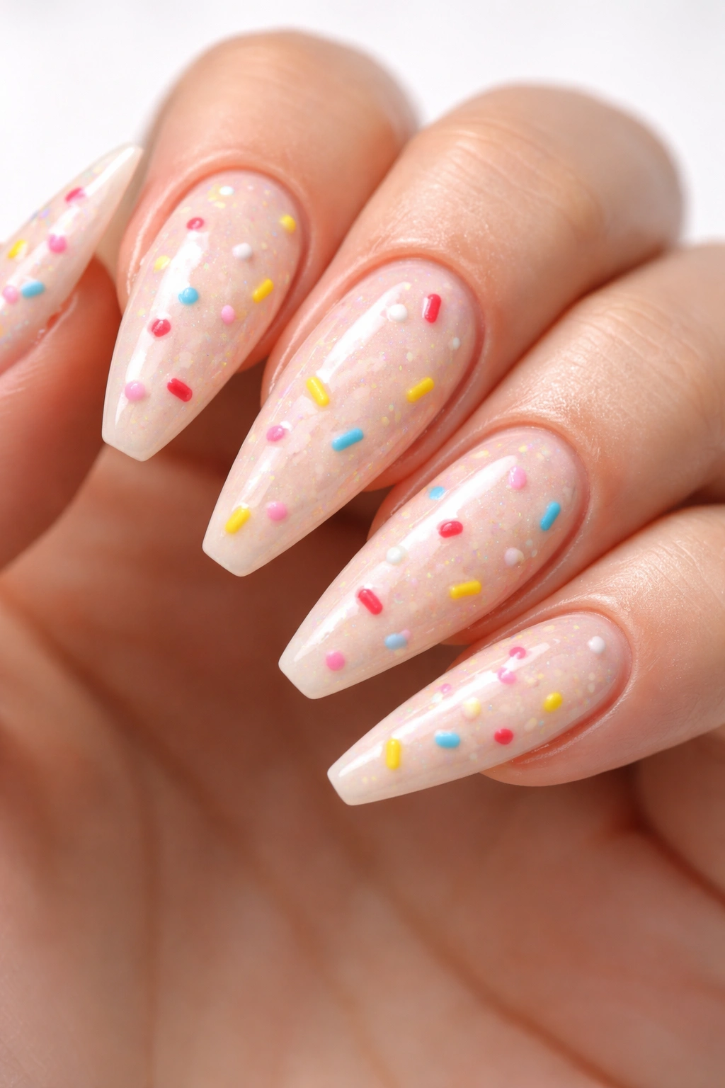Close-up of glazed donut reverse stiletto nails with colorful sprinkles