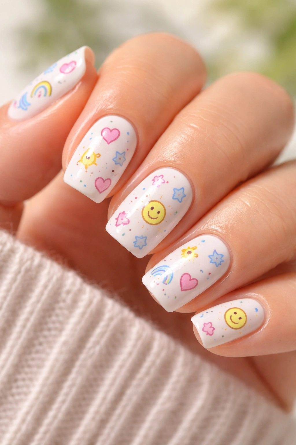 Close-up of nails with tiny doodles on white base