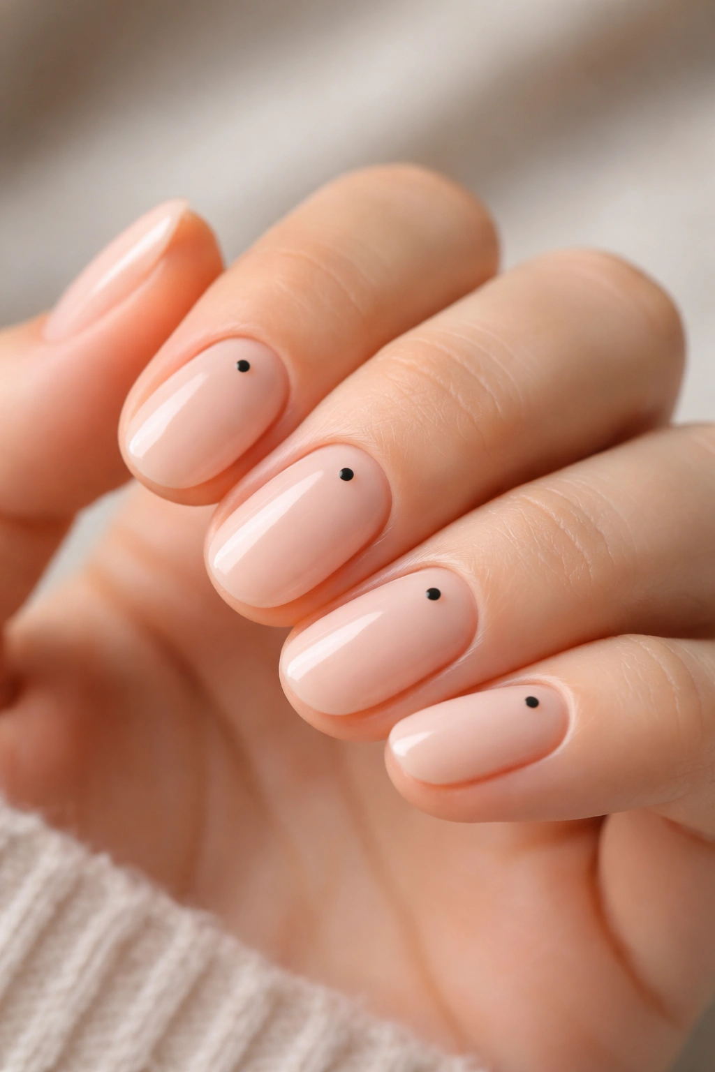 Close-up of short oval nails with tiny dot accents on nude base