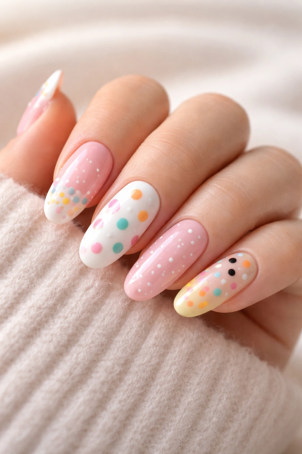 Close-up of long round nails with dot designs on neutral background