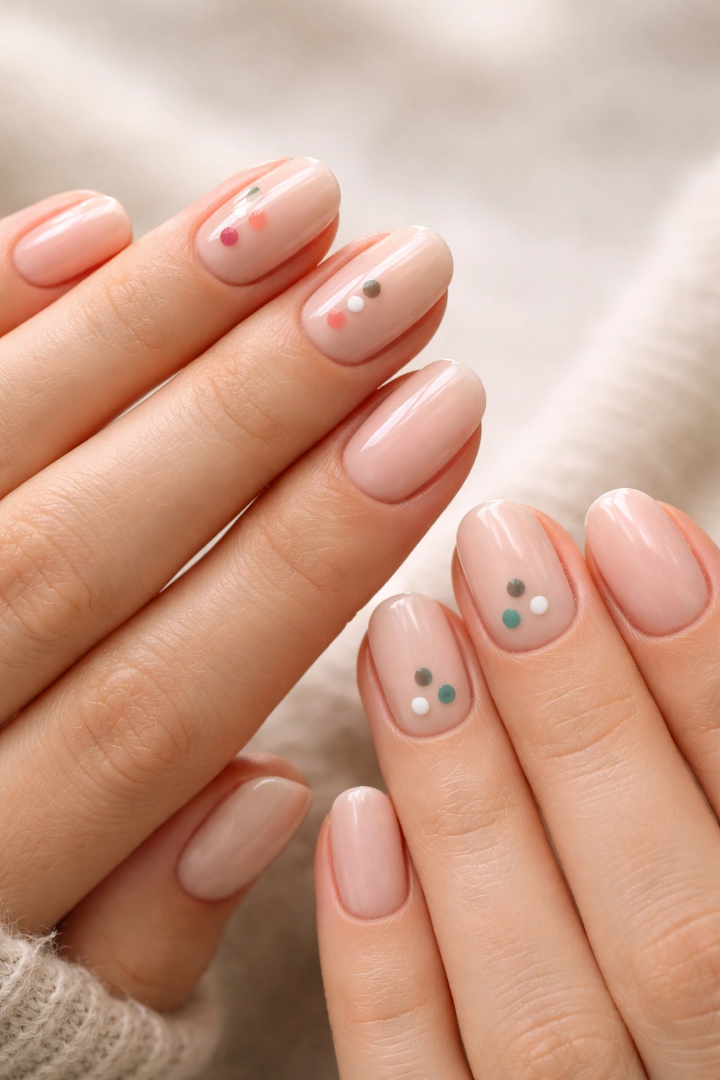 Nails with diagonal and triangular dot patterns in coordinated colors