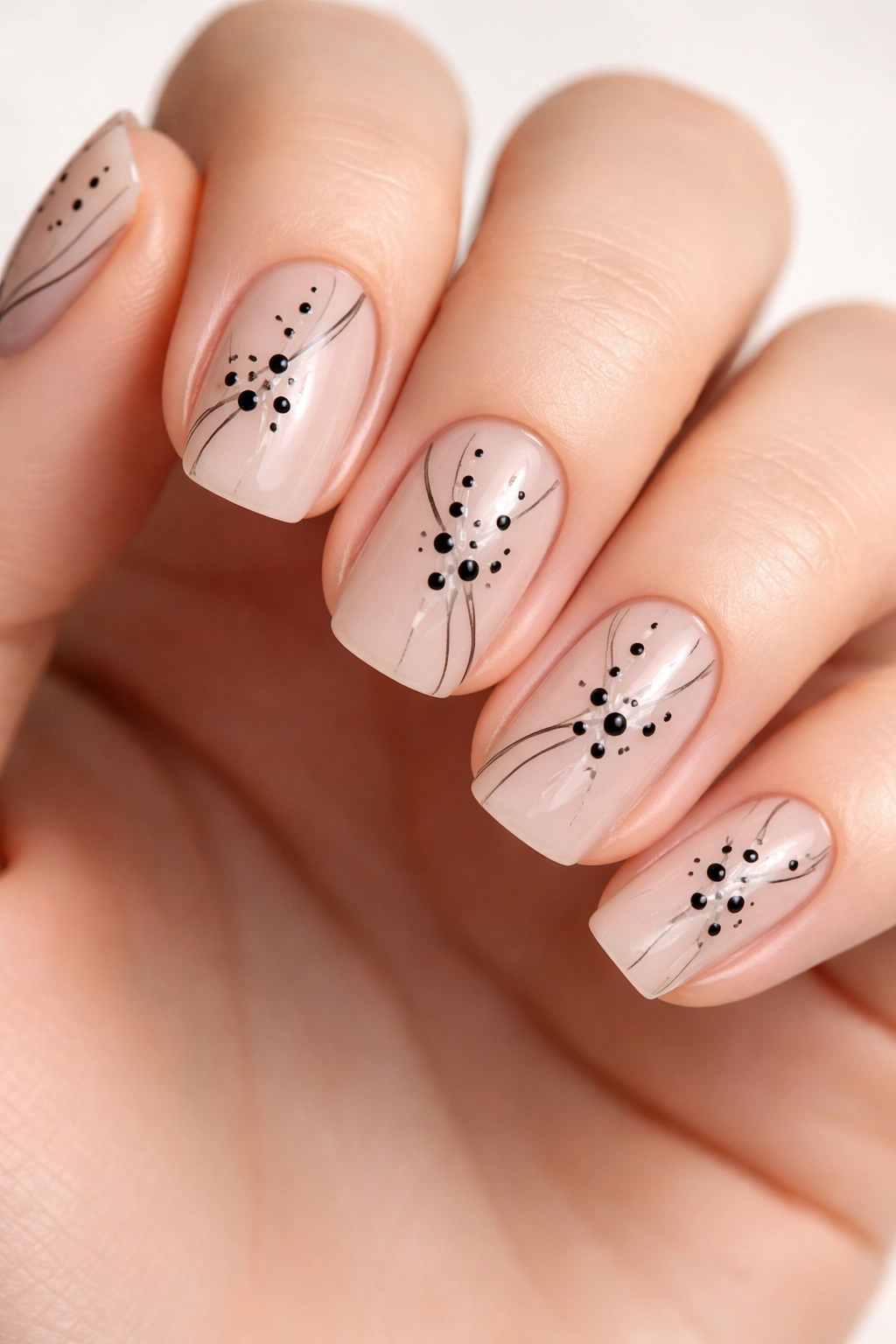 Close-up nails with dots and thin lines on nude base