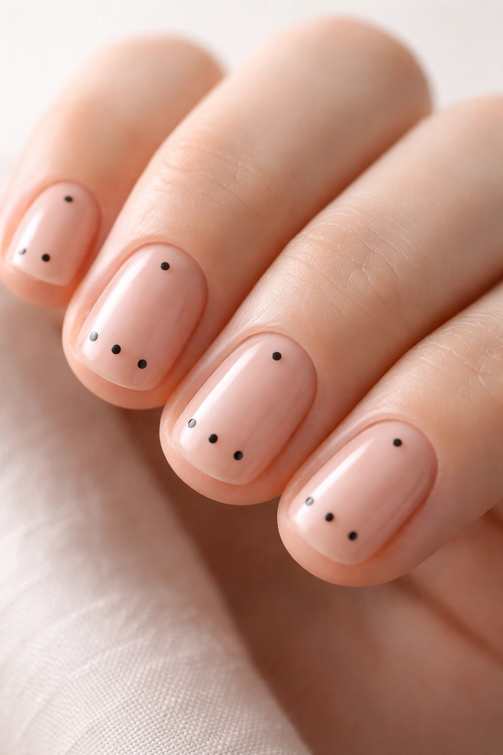 Close-up of short nails with small, evenly spaced dots for a minimalist design.