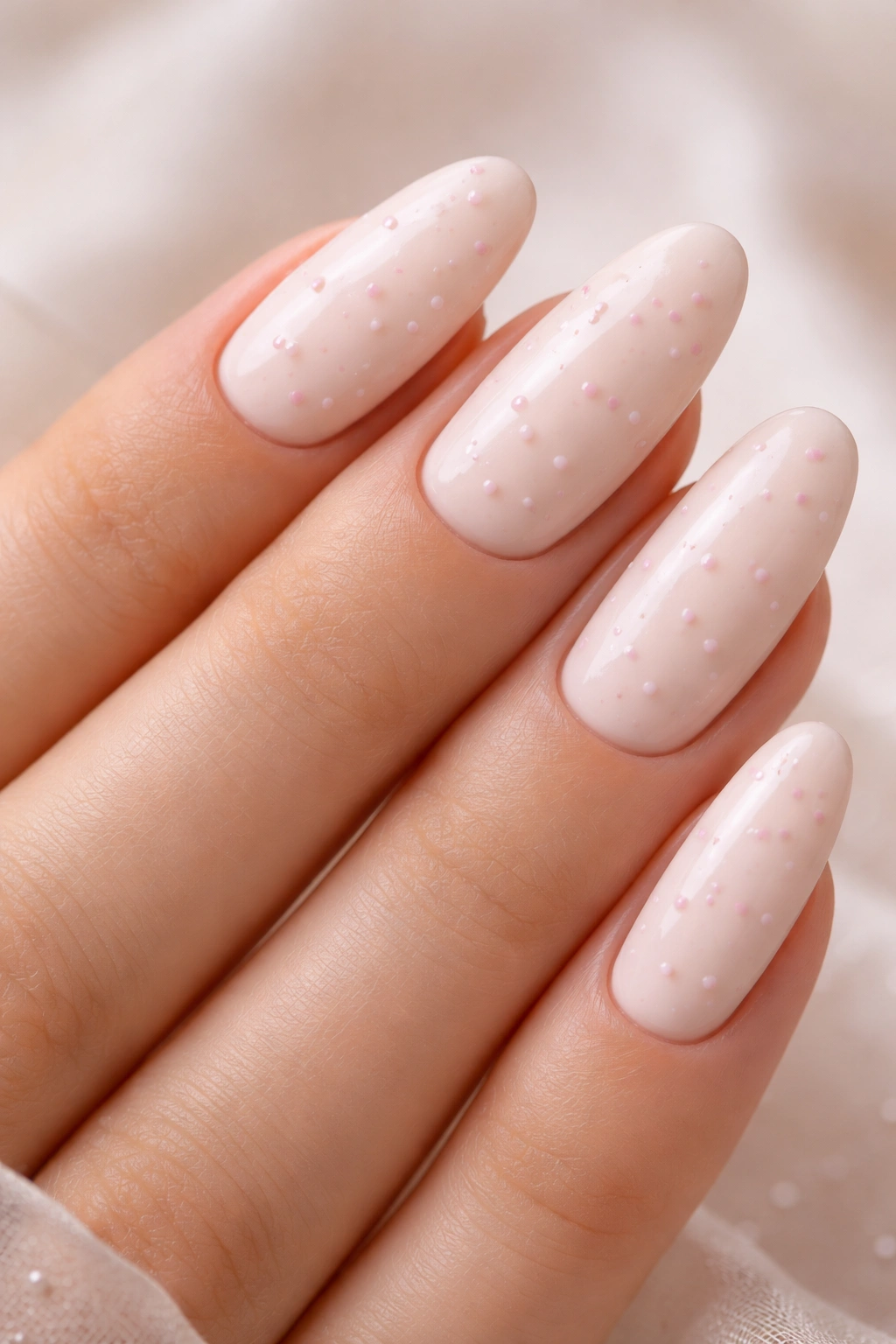 Cream nails with tiny pale pink dots on long oval shape