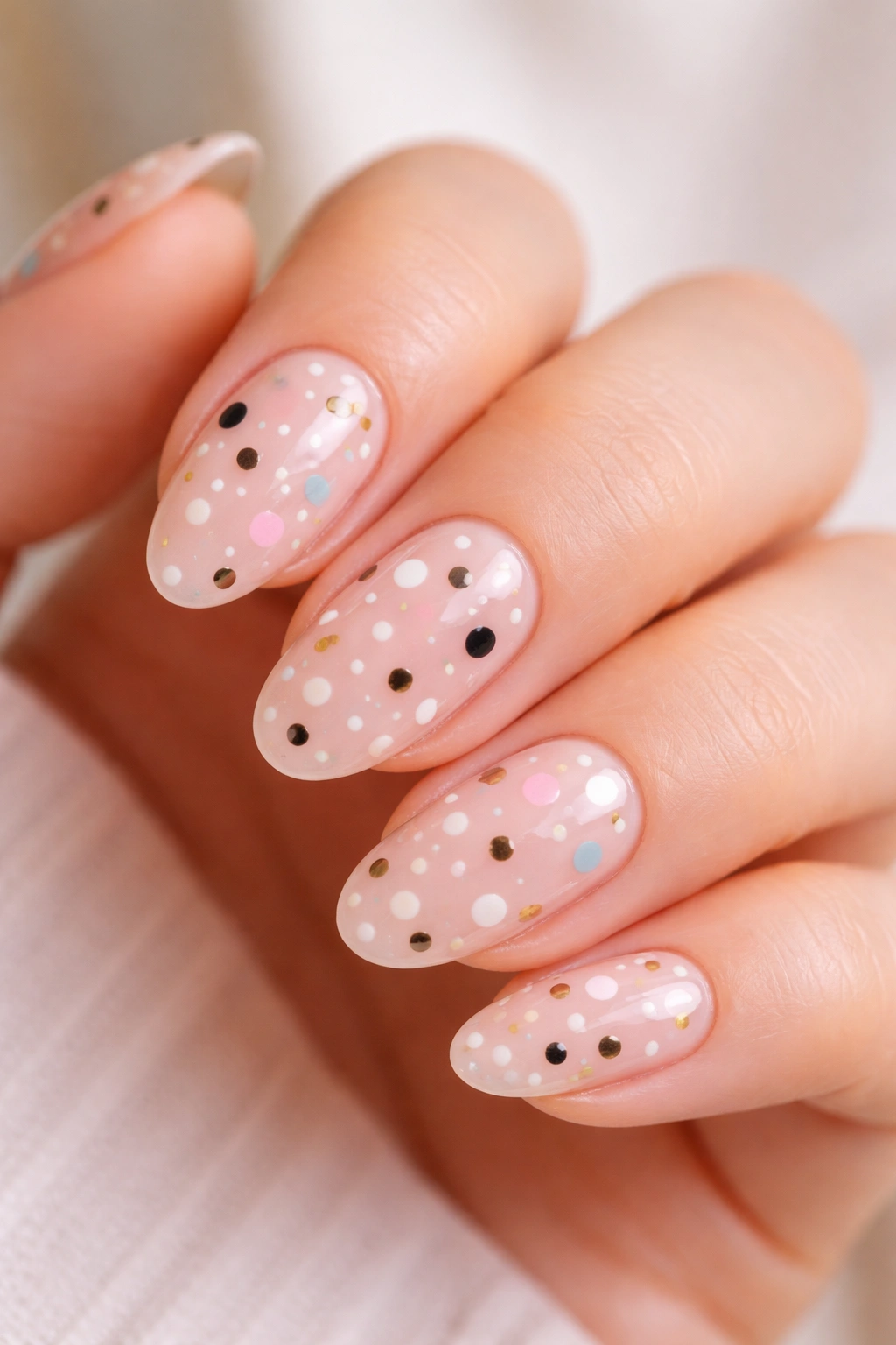 Close-up of short almond nails with clear pink base and mixed-size dots
