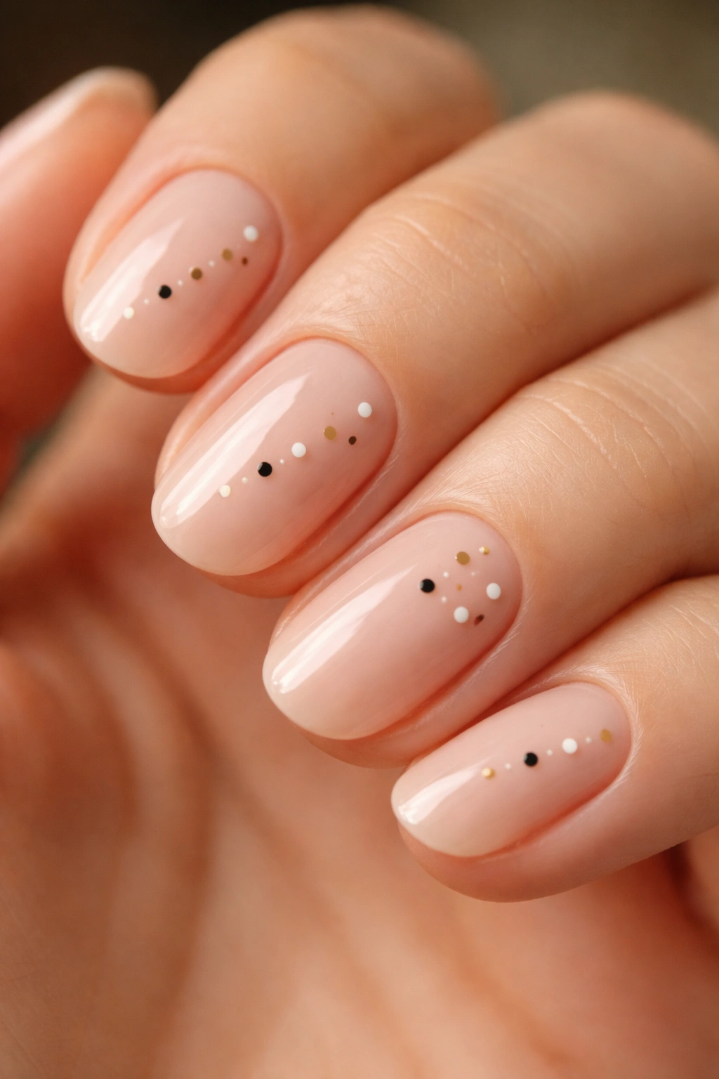 Short oval nail with tiny dots and a dot cluster on a nude base