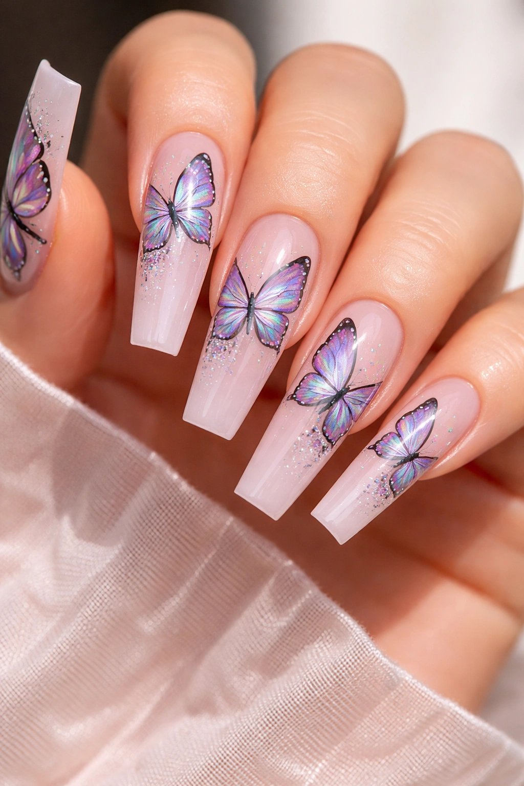 Two butterflies on coffin nails arranged for balanced composition