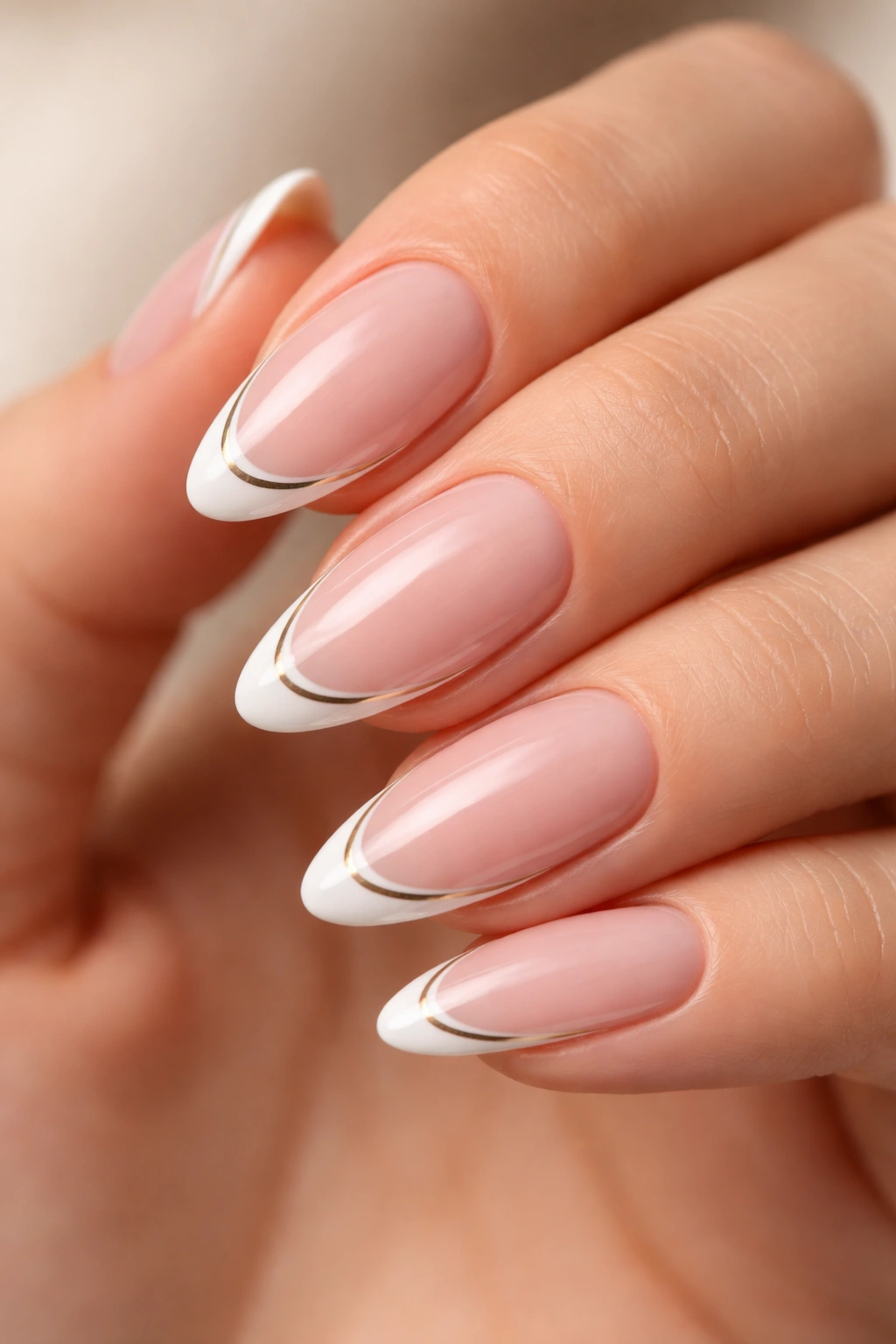 Close-up of almond nails with two slim lines at the tip (white and metallic) on a sheer base