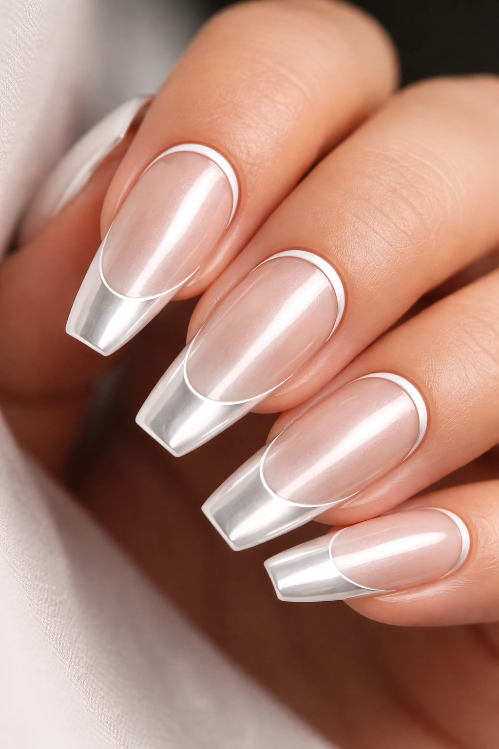 Double-French white chrome nails with slim cuticle line