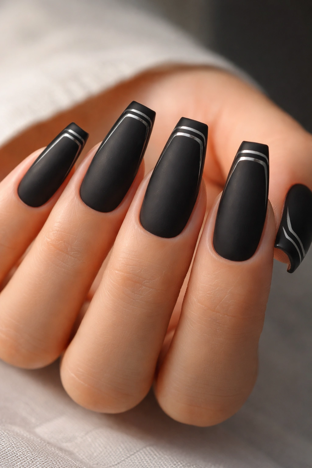 Matte black nails with a double French frame at the tip