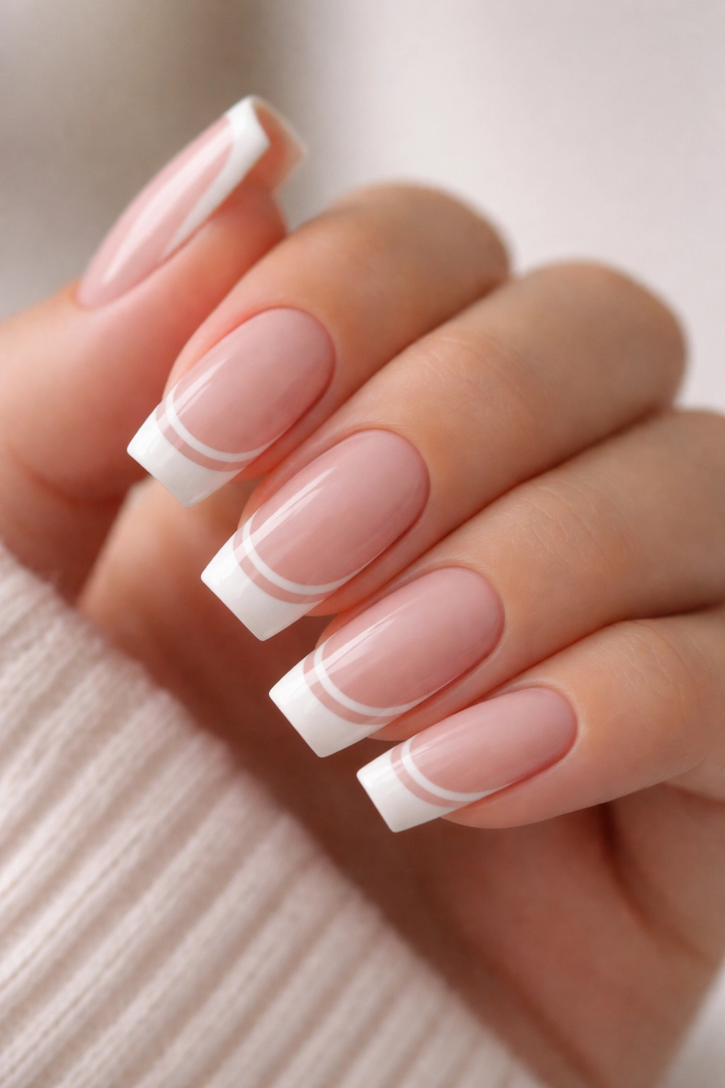 Close-up of double French manicure on medium ballerina nails with white top line and pink lower line