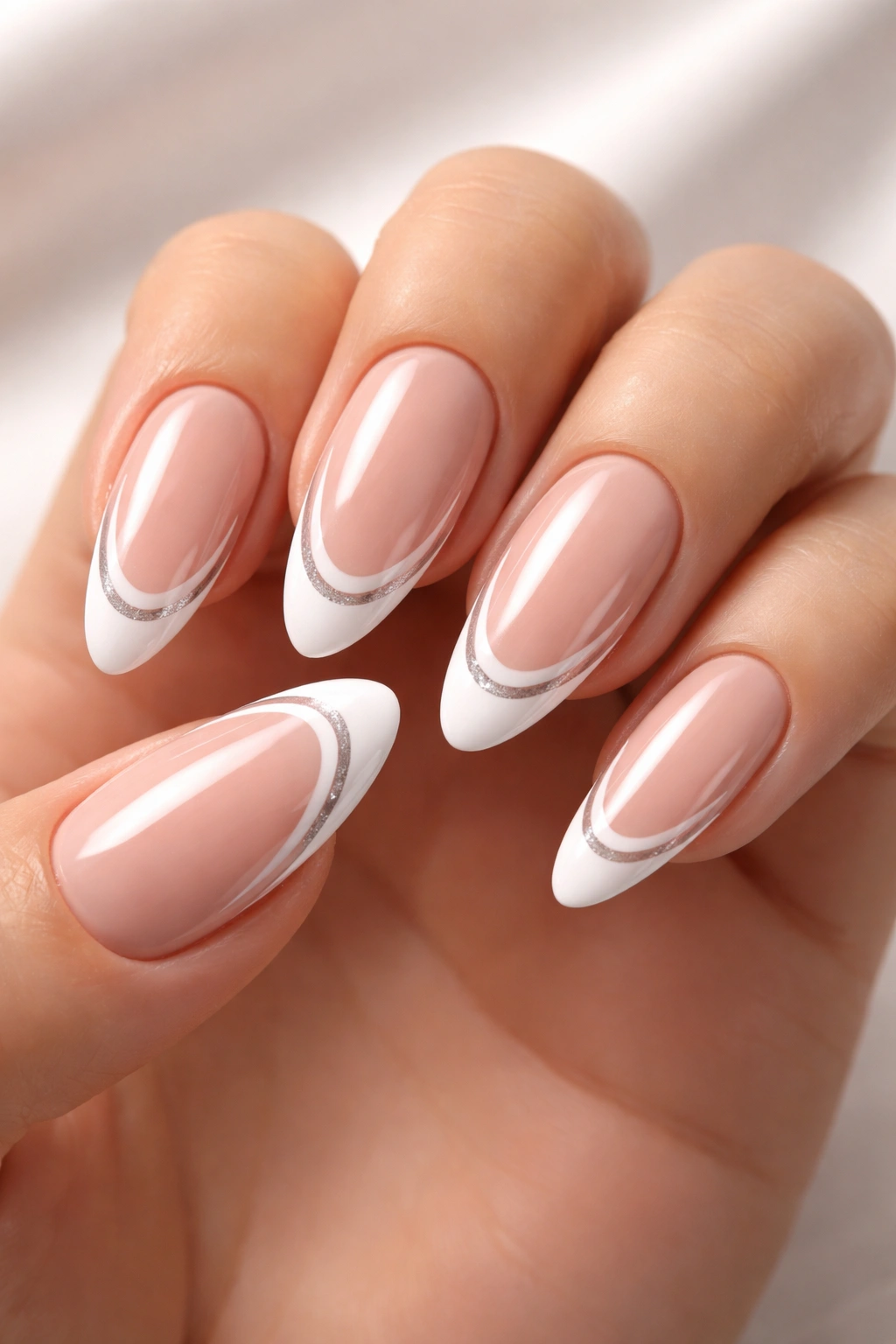 Almond nails with double French tip lines