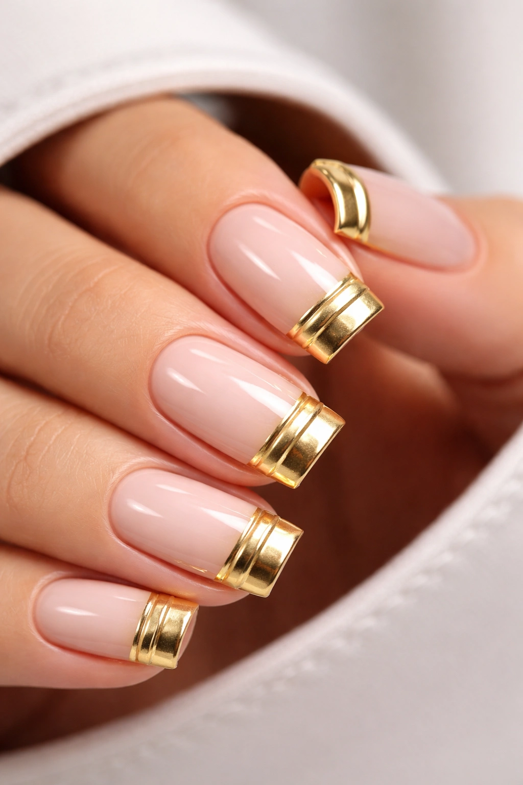 Nails with two parallel gold lines at the tips