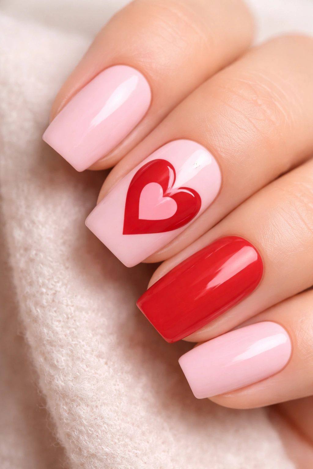 Nails showing a big heart with a smaller heart on the same accent nail