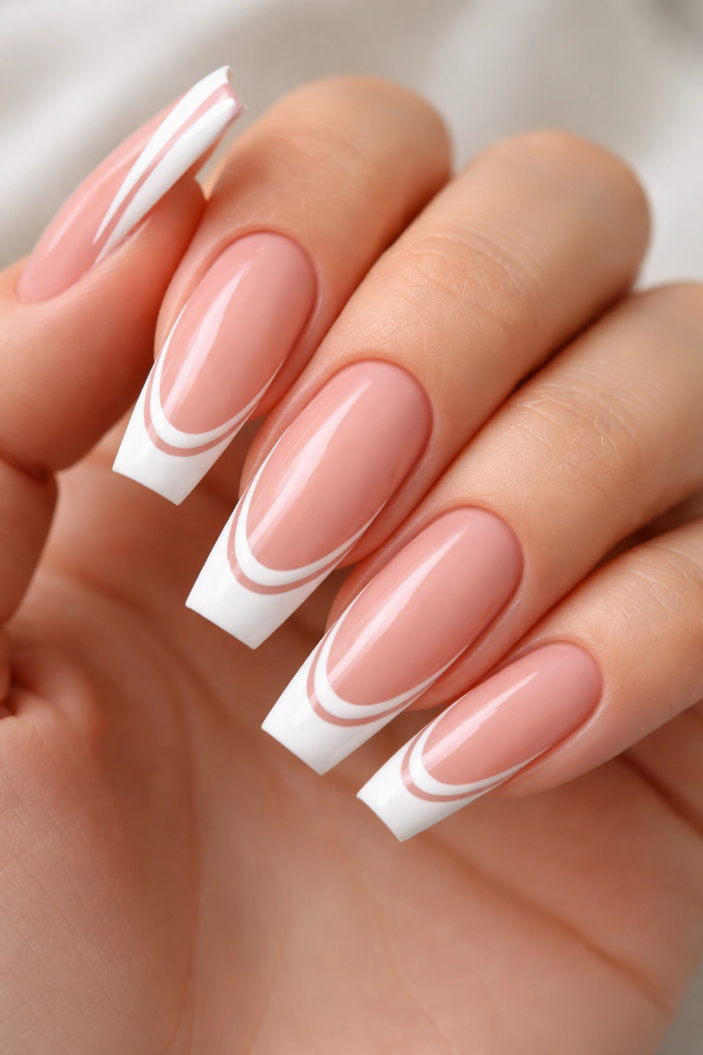 Rosy nude nails with two white lines for a tailored look