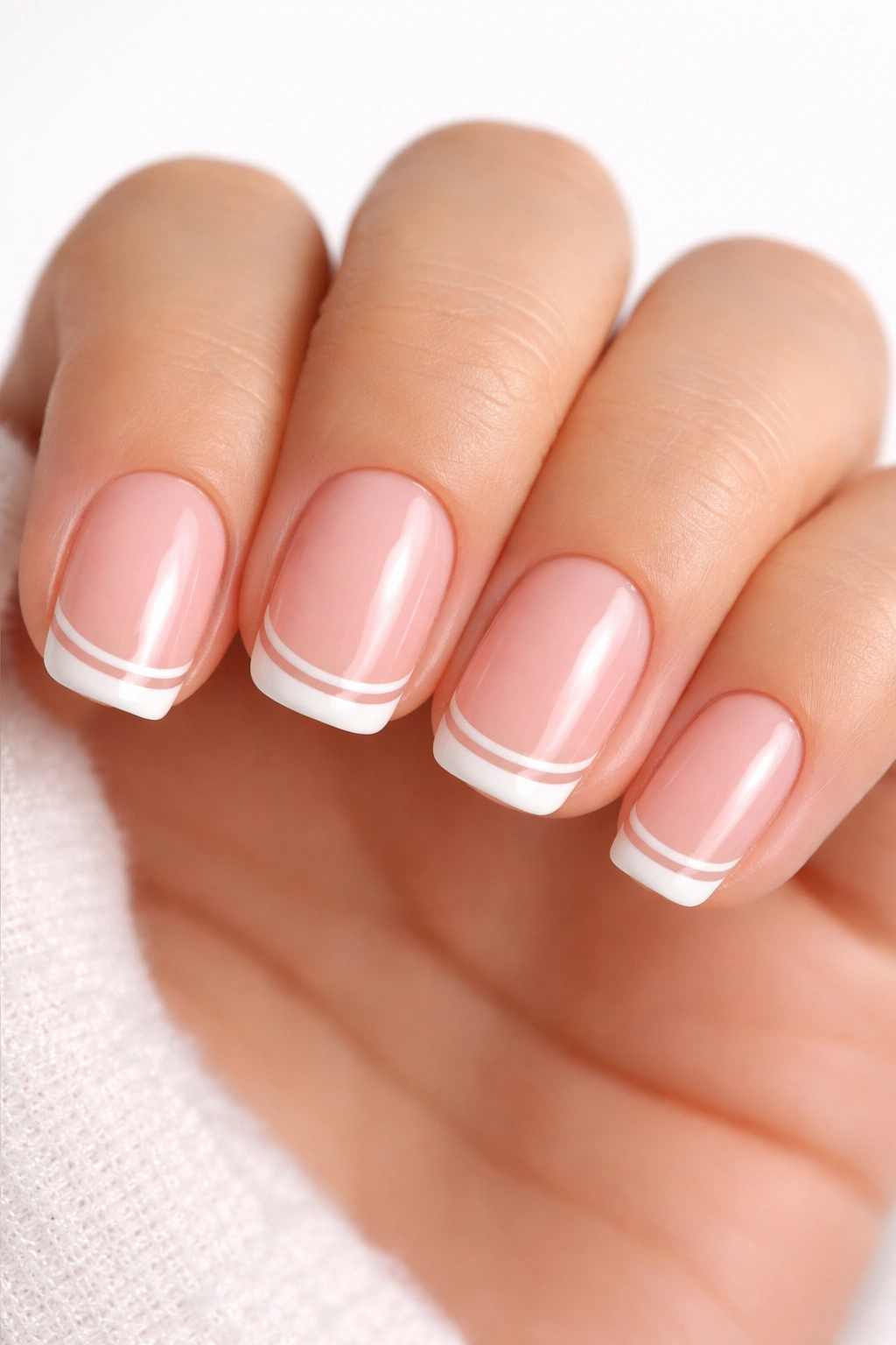 Close-up of short squoval nails with two parallel lines in a French manicure