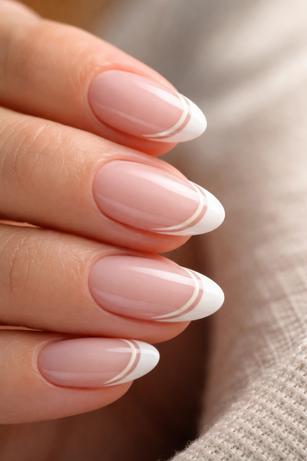 Close-up of double-lined French on short almond nails