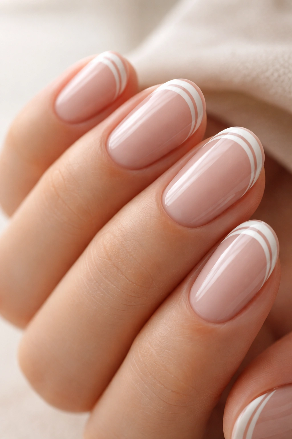 Close-up of short oval nails with double thin white lines along tip and inner edge.