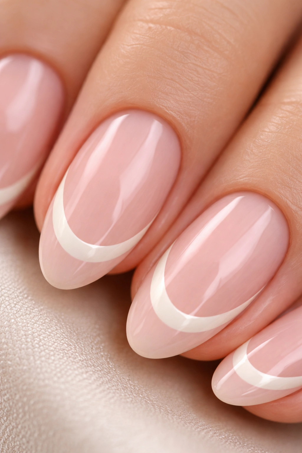 Close-up of a short almond nail with thick cream smile line and thin white tip.