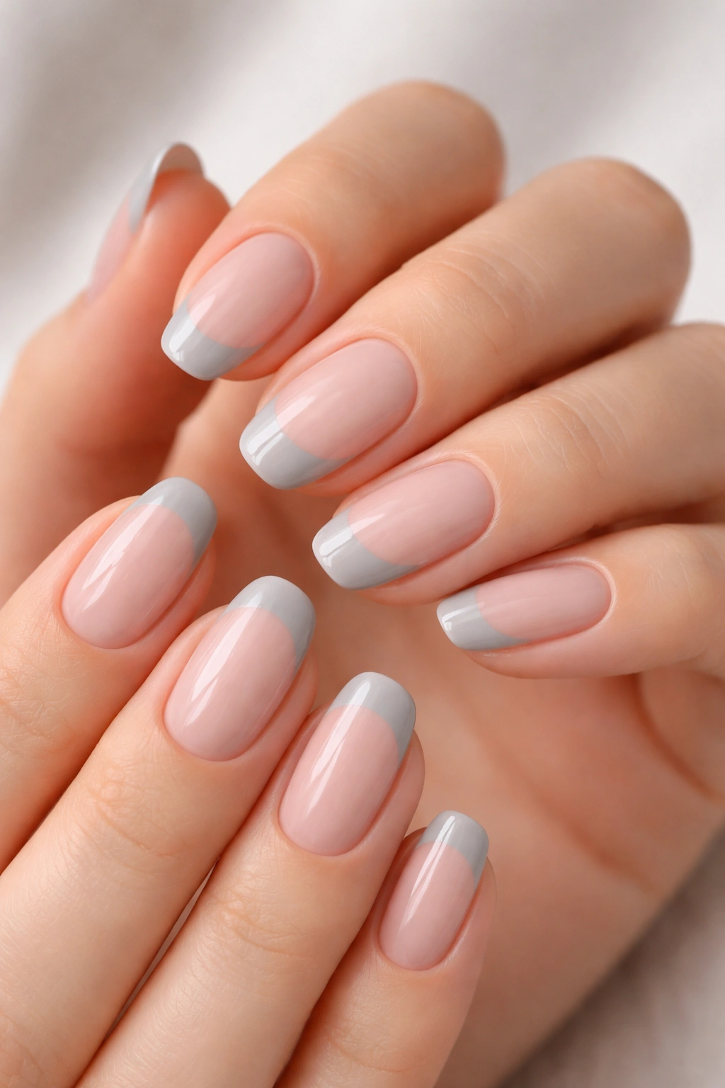 Close-up of hands showing dove grey French tip manicure on nails