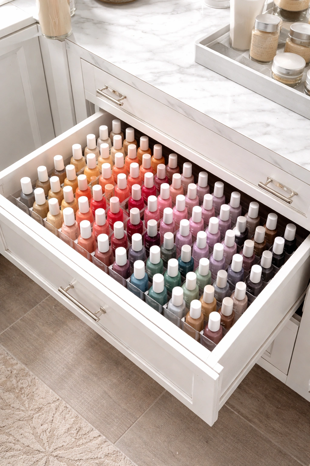 Drawer with dividers holding upright nail polish bottles