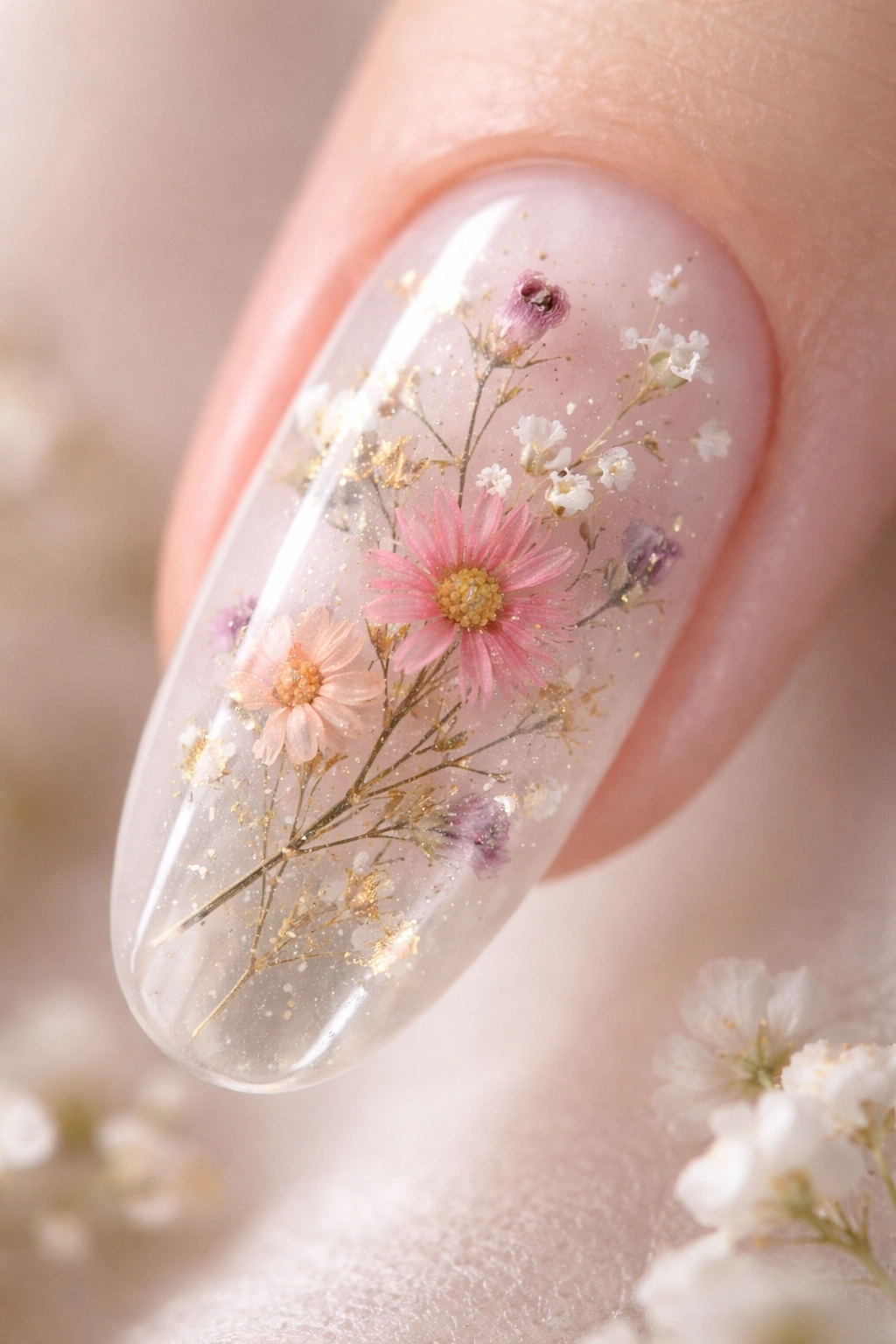 Close-up of a gel nail with dried flowers encapsulated in clear gel, cottage-core aesthetic.
