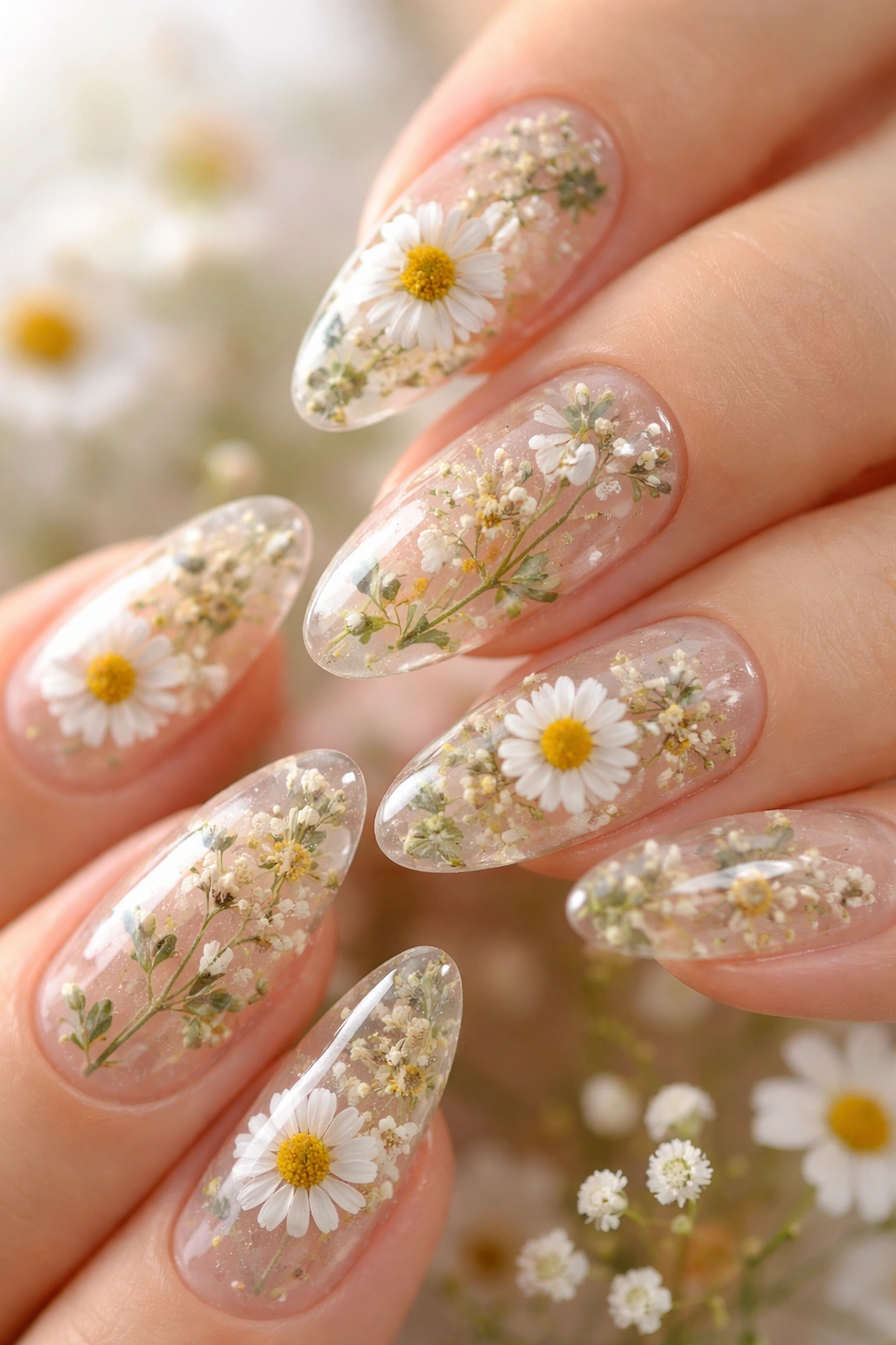Nails with real dried flowers encapsulated in clear gel.
