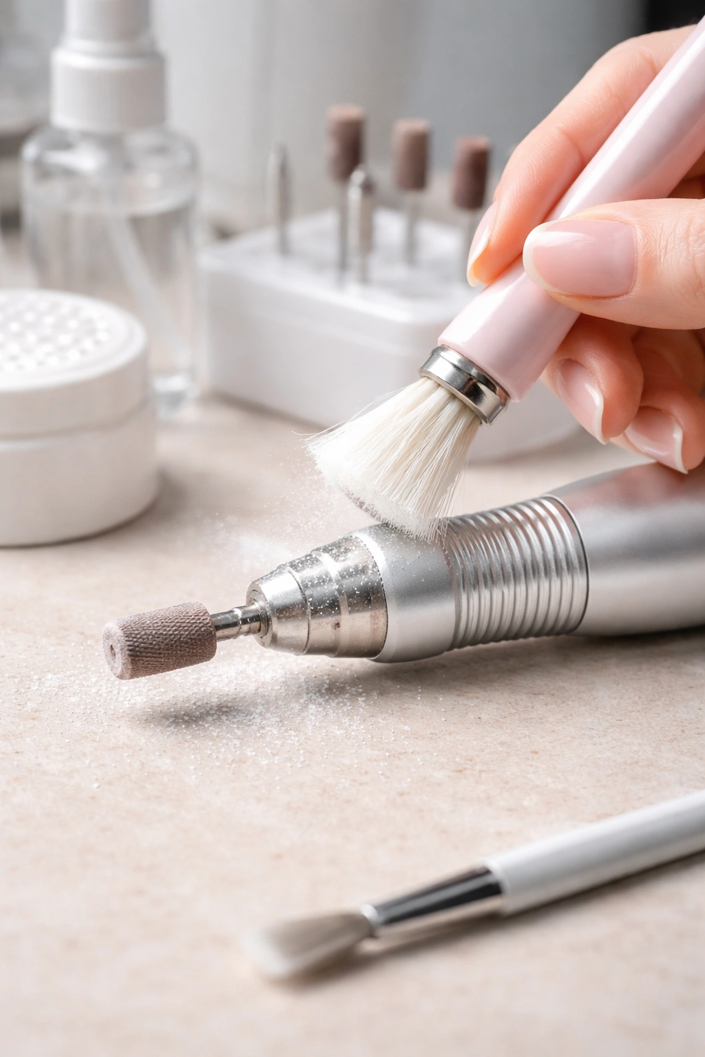 Nail drill handpiece being brushed to remove dust for safe operation