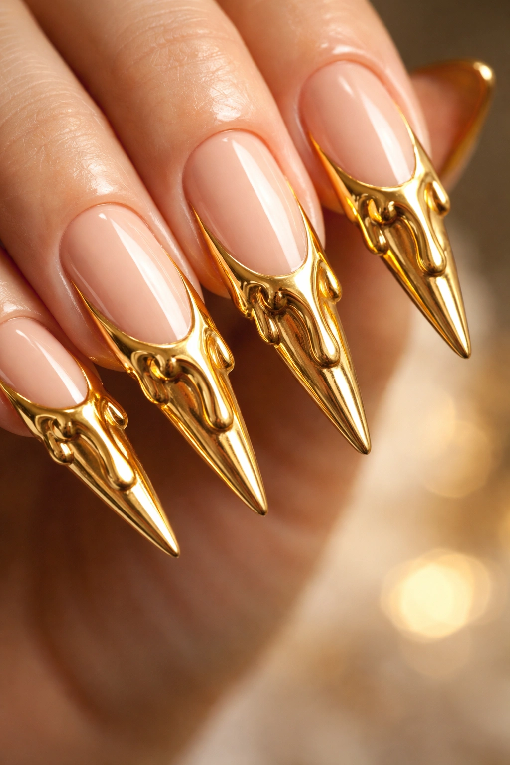 Close-up of nude stiletto nails with three-dimensional gold drips