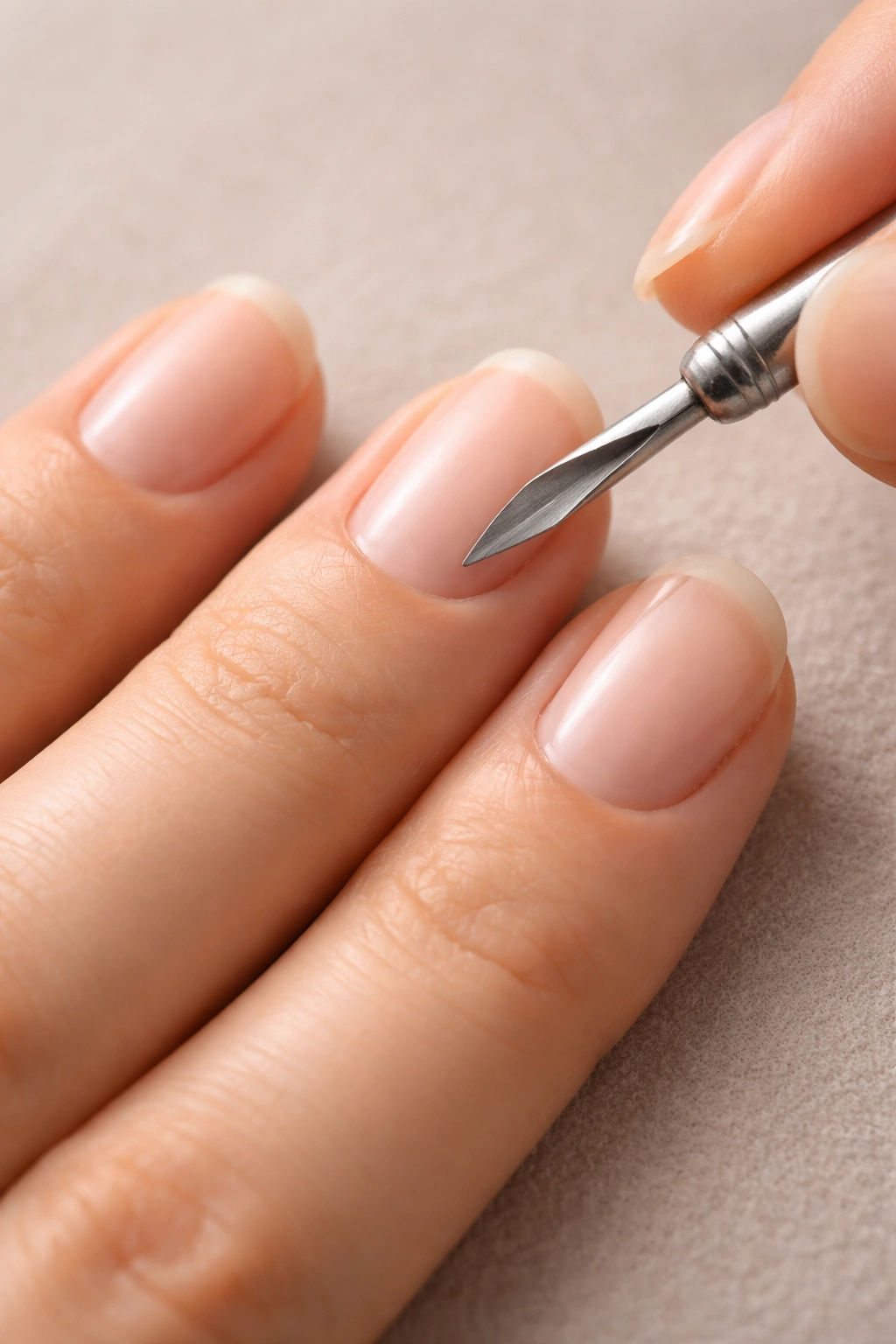 Dry manicure cuticle prep showing dry cuticles and clean nail plate