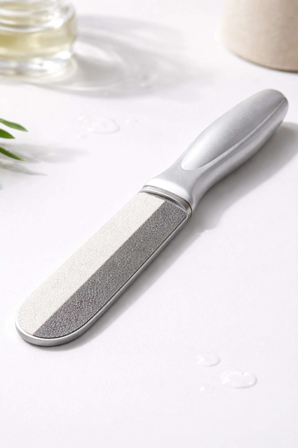 Close-up of dual-grit nail file and ergonomic handle illustrating extra features.