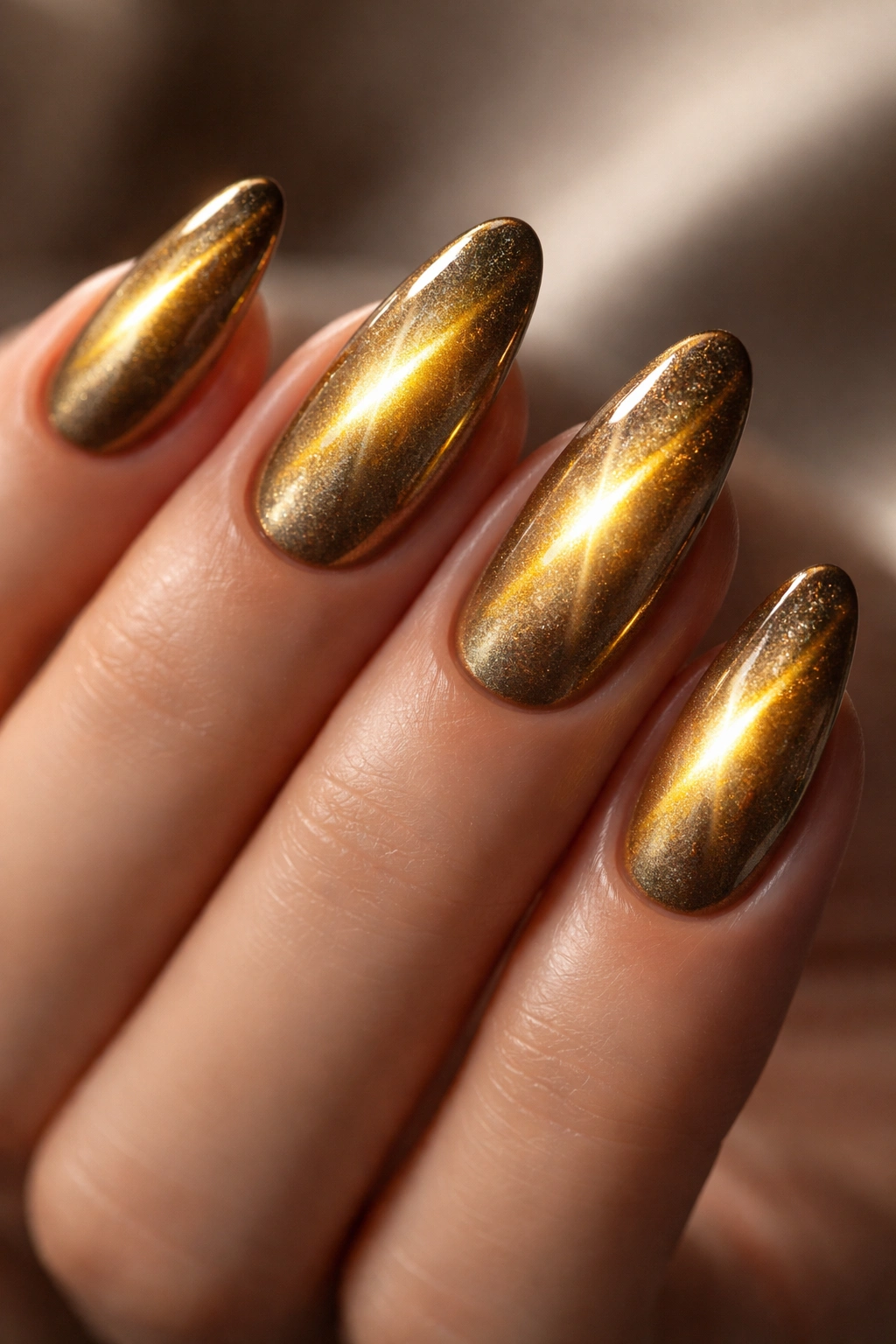 Close-up of dual-tone gold cat eye nails with yellow and champagne shades and shifting shimmer