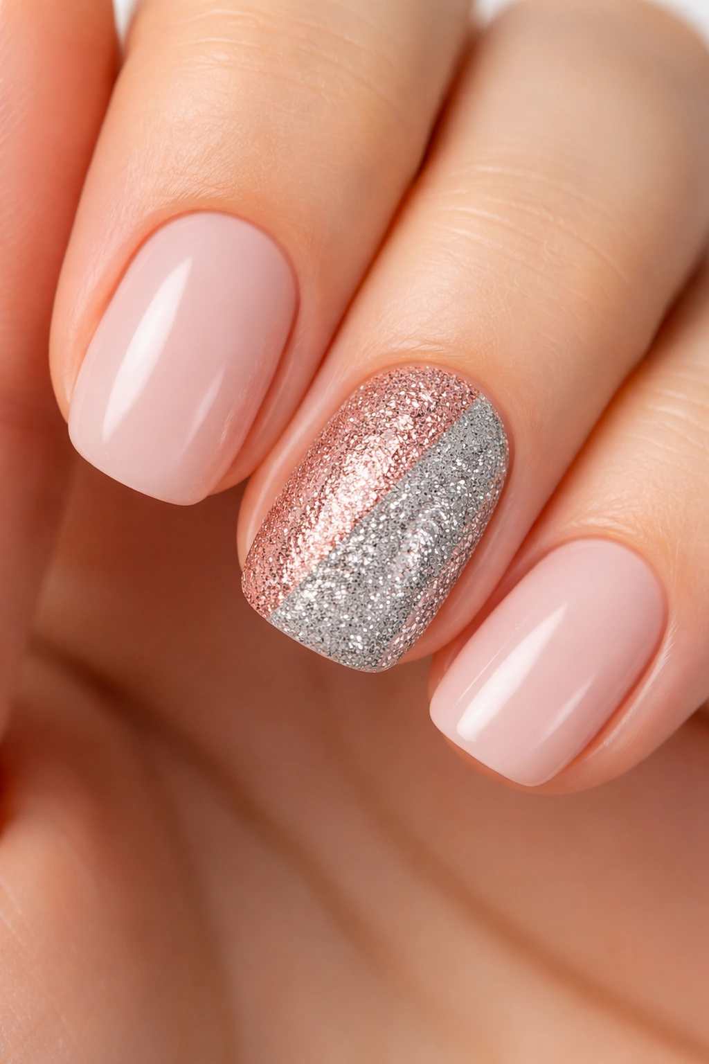 Close-up of accent nail with diagonal split showing rose-gold glitter on one side and silver glitter on the other