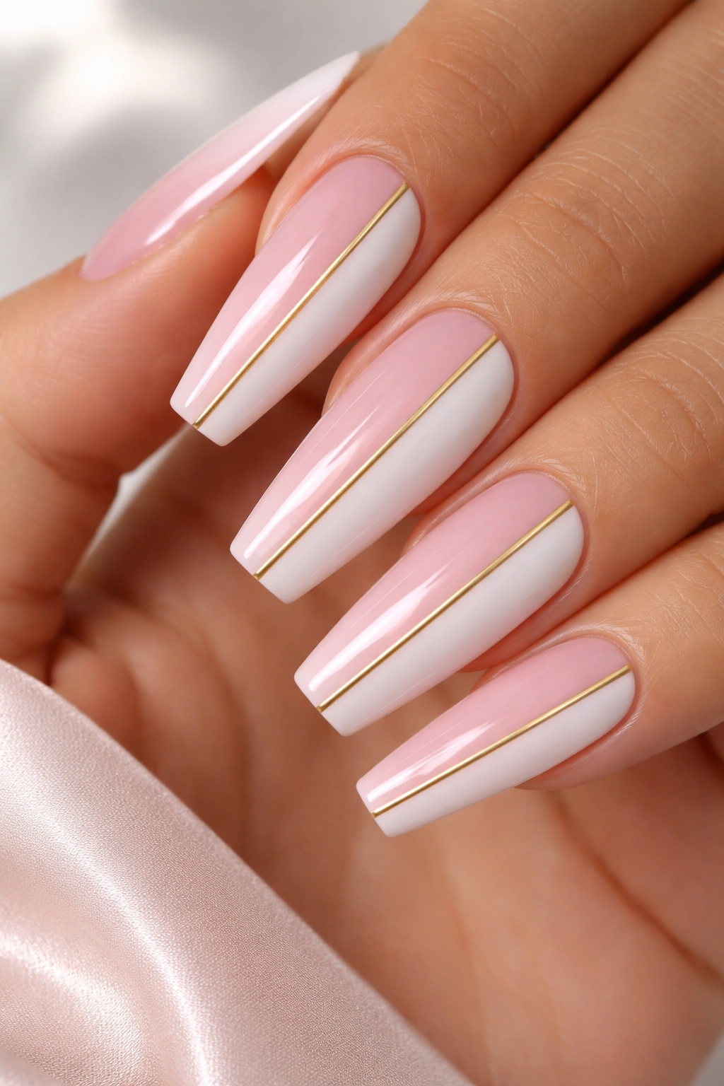 Close-up of soft dual-tone coffin nails with pink and white halves separated by a gold line
