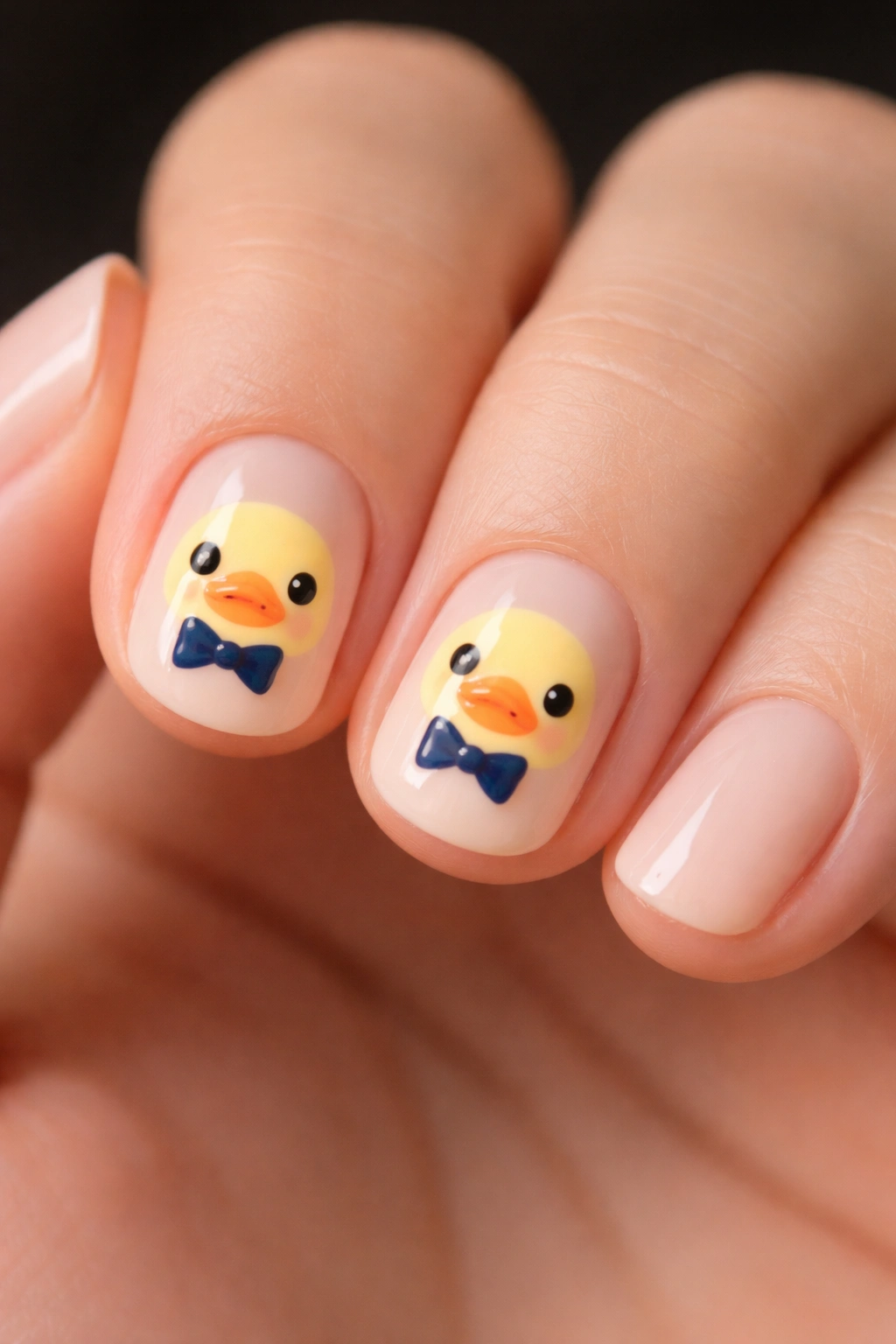 Yellow duck face with navy bow tie on short nails