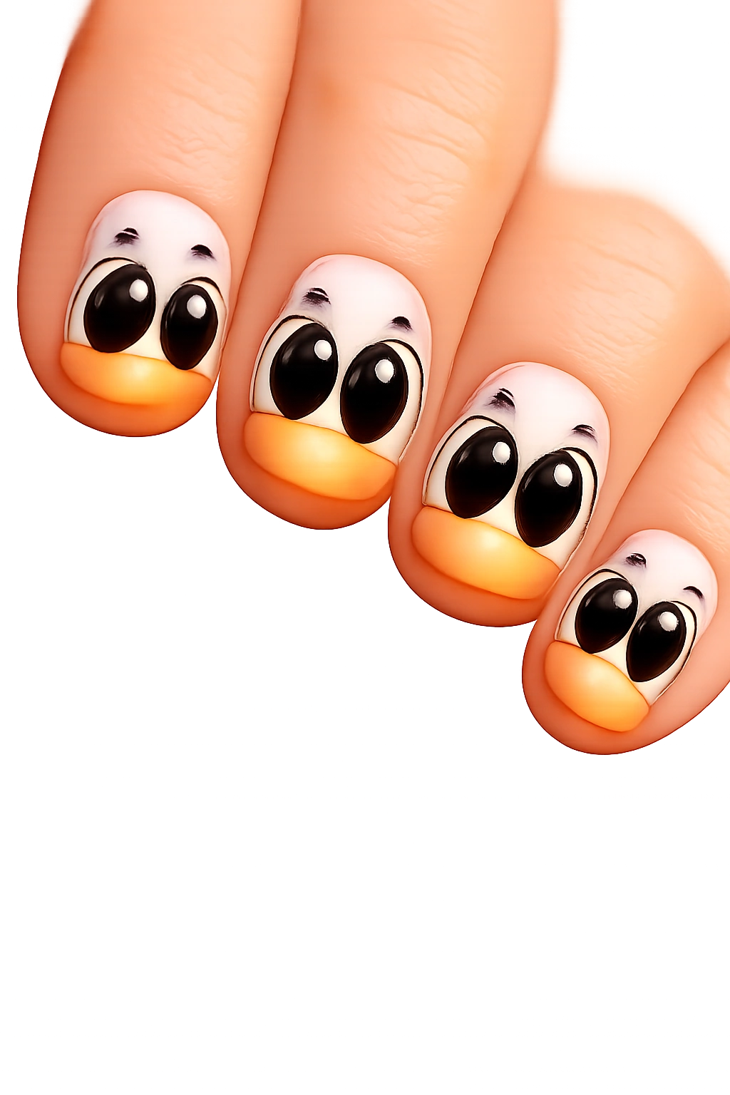 Close-up of short nails featuring oversized cartoon duck eyes with expressive brows