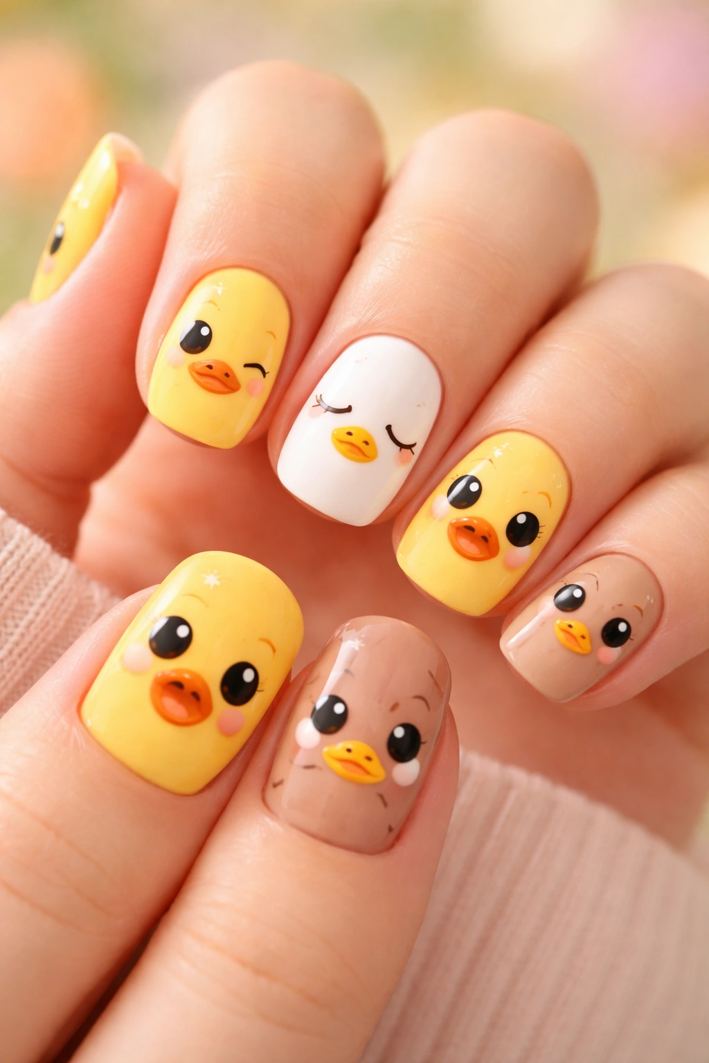 Nails showing six different duck face expressions